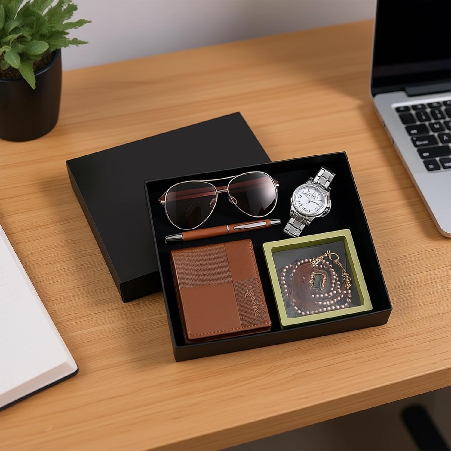 Elegant 6 Pcs Prayer Gift Set: Wallet, Watch, Sunglasses, Pen, Beads, Finger Counter for Eid