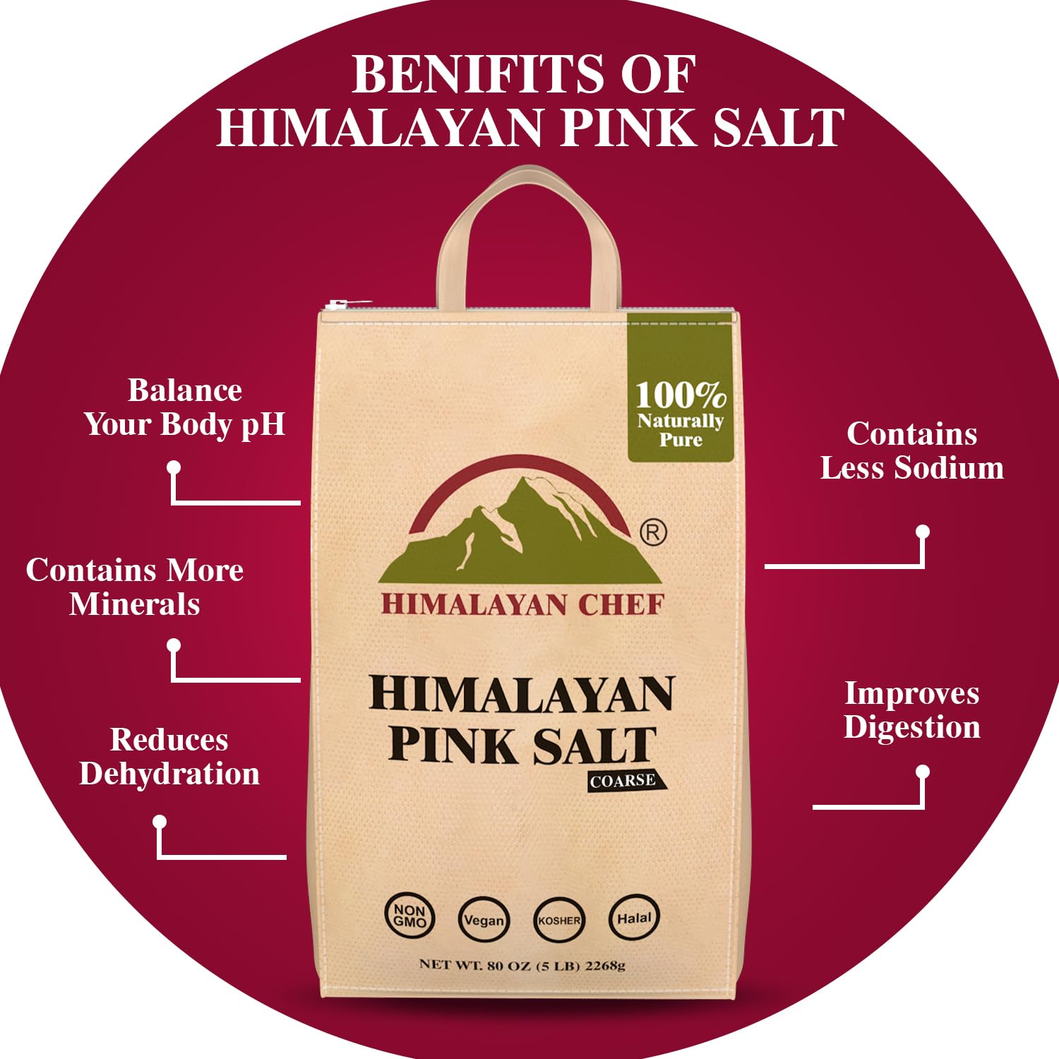 Himalayan Chef Pink Himalayan Salt Coarse Grain, 5 lbs Plastic Jar - Pure, Natural, Kosher, Mineral-Rich, Ideal for Grinder Refills, Cooking, Seasoning