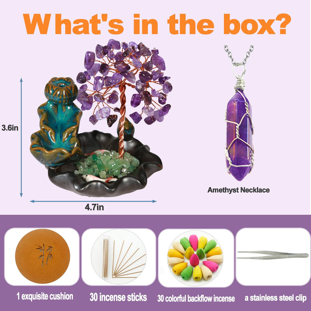 Waterfall Burner, Crystal Tree Backflow Incense Holder, with 30 Incense Cones, 30 Incense Stick, 1 Healing Crystal Necklace, Aromatherapy Anxiety Relief Items, Mom Gifts for Christmas