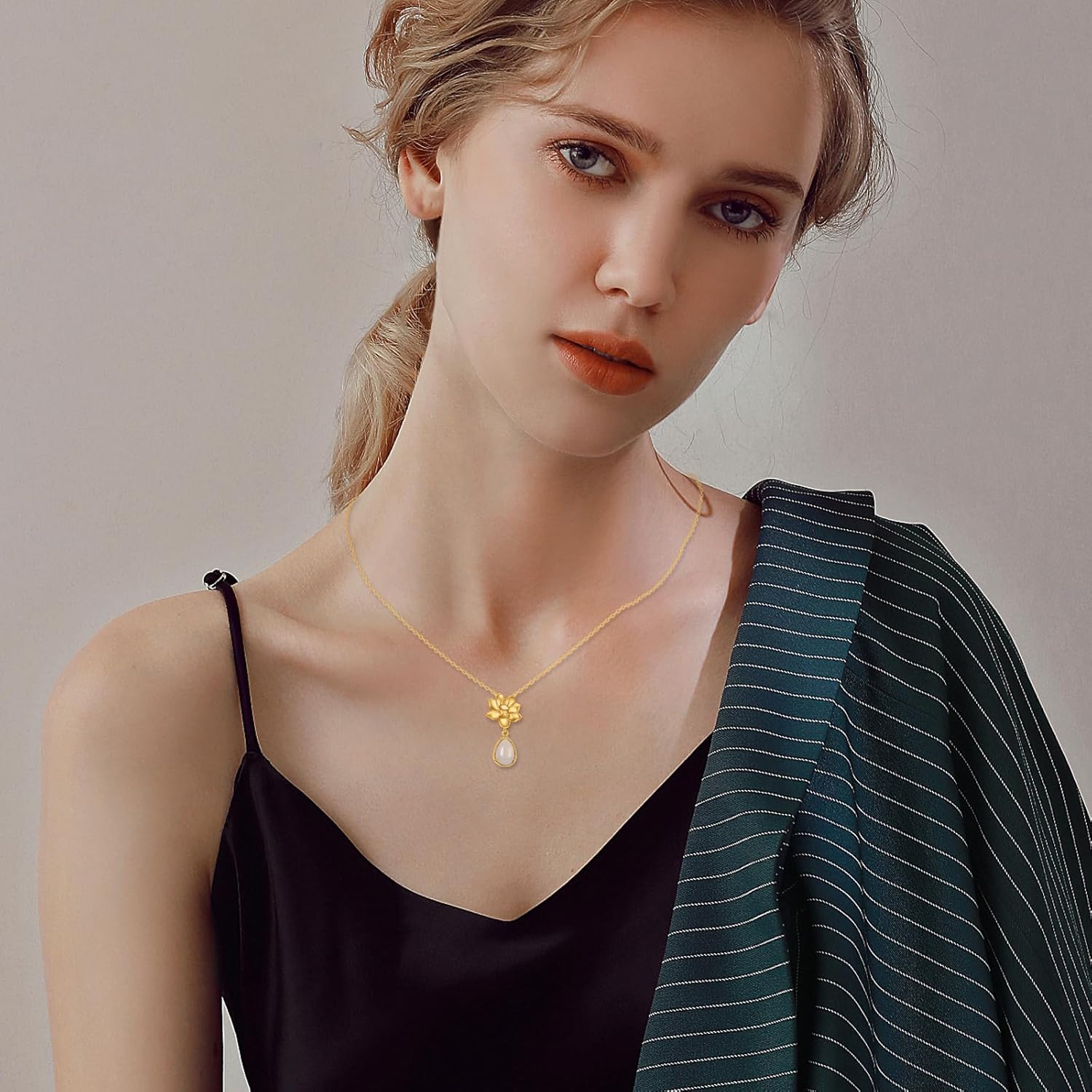 KECHO 14K Gold Lotus Flower Necklace Delicate Lotus Flower Chalcedony Pendant Jewelry for Women Birthday Valentines Day Gifts for Her Mom Wife