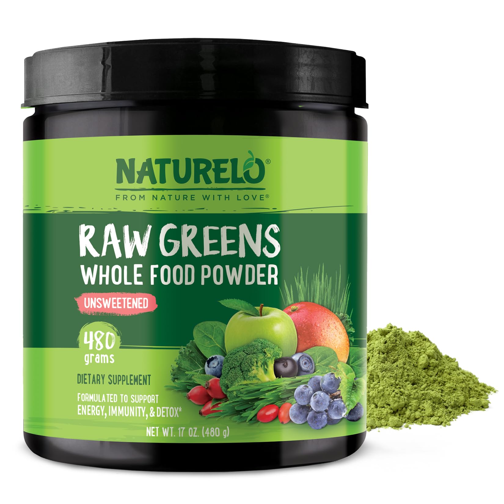 NATURELO Raw Greens Superfood Powder - Unsweetened - Boost Energy, Detox, Enhance Health - Organic Spirulina - Wheat Grass - Whole Food Nutrition from Fruits & Vegetables - 240 Grams