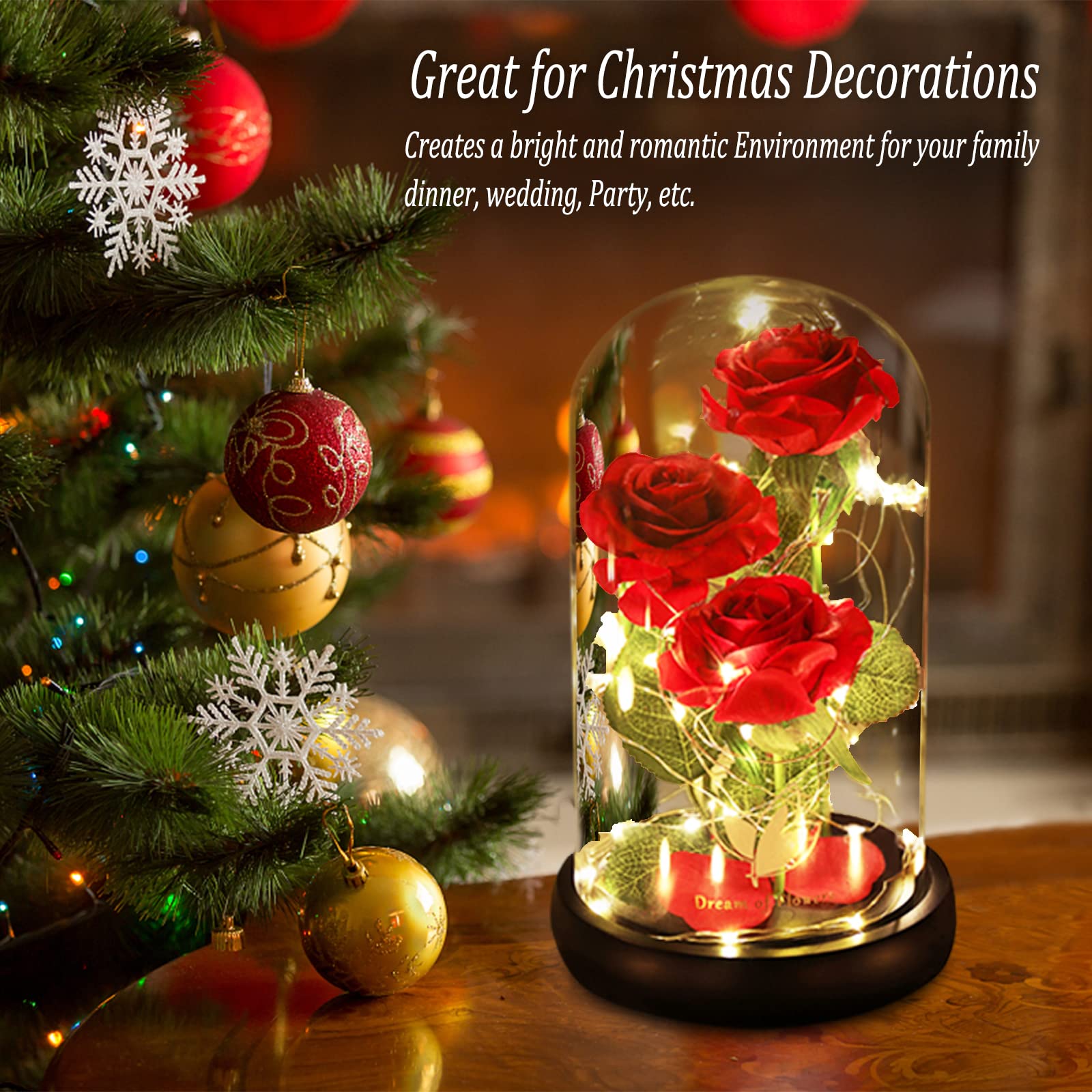 Valentine's Day Gifts for her, Eternal Rose in Glass Dome - Beauty and The Beast Inspired Keepsake, Gifts for Mom/Wife/Grandma, Preserved Roses with LED Light for Birthday/Anniversary