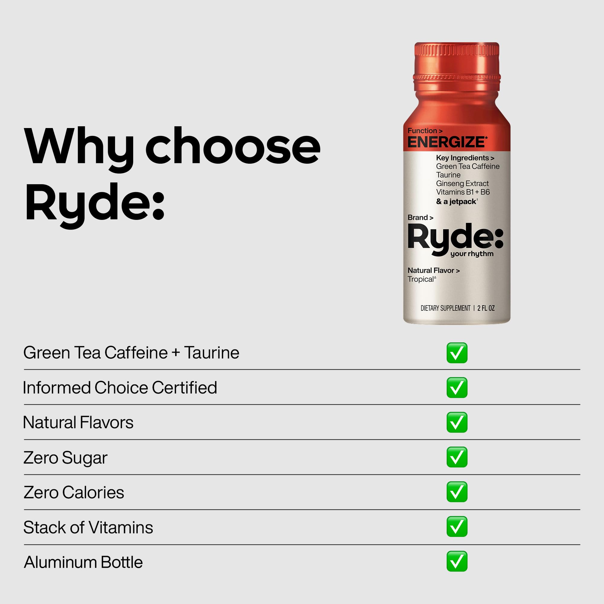 Ryde: Energize Shot | Tropical Flavor | Green Tea Caffeine, Taurine, Ginseng Extract & B Vitamins | 0 Calories, 0 Sugar | 2 FL OZ Shots | Boosts energy* (8 Pack)
