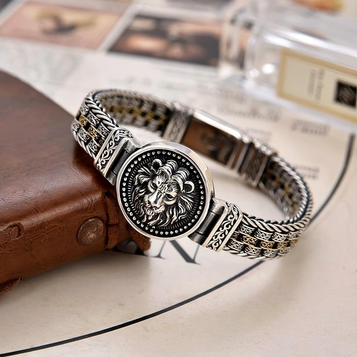 Italian Handmade Sterling Silver Mens Bracelets | Solid S925 Chain Bracelets | Men's Silver Bracelet Gift for Dad, Boyfriend, Son, My Man (8.6'' Lion Circular Vintage)