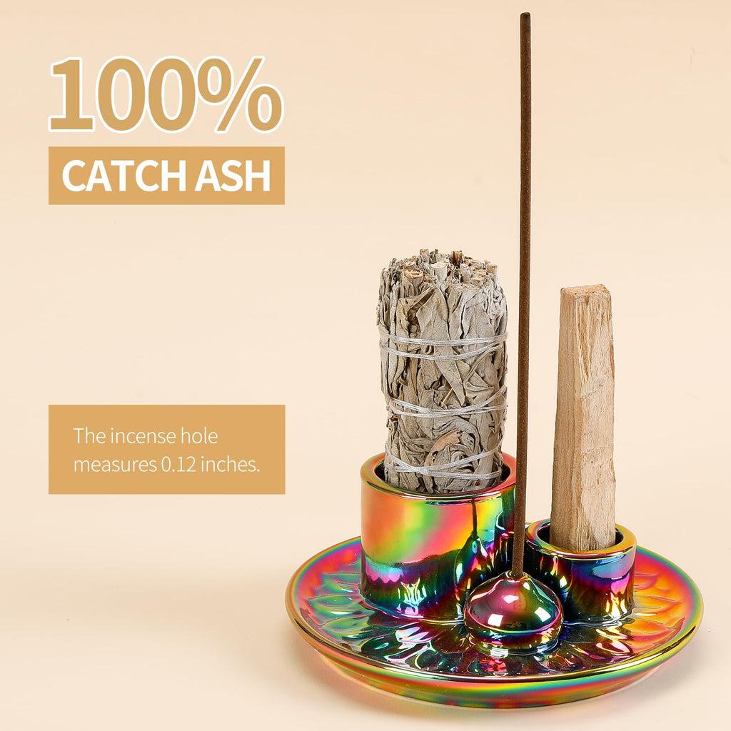 Handmade Ceramic Incense Burner for Palo Santo Incense Sticks, 4 in 1 Multi-Purpose Sage Holder for Burning, Ash Catcher Tray for Meditation Yoga Room (Golden)