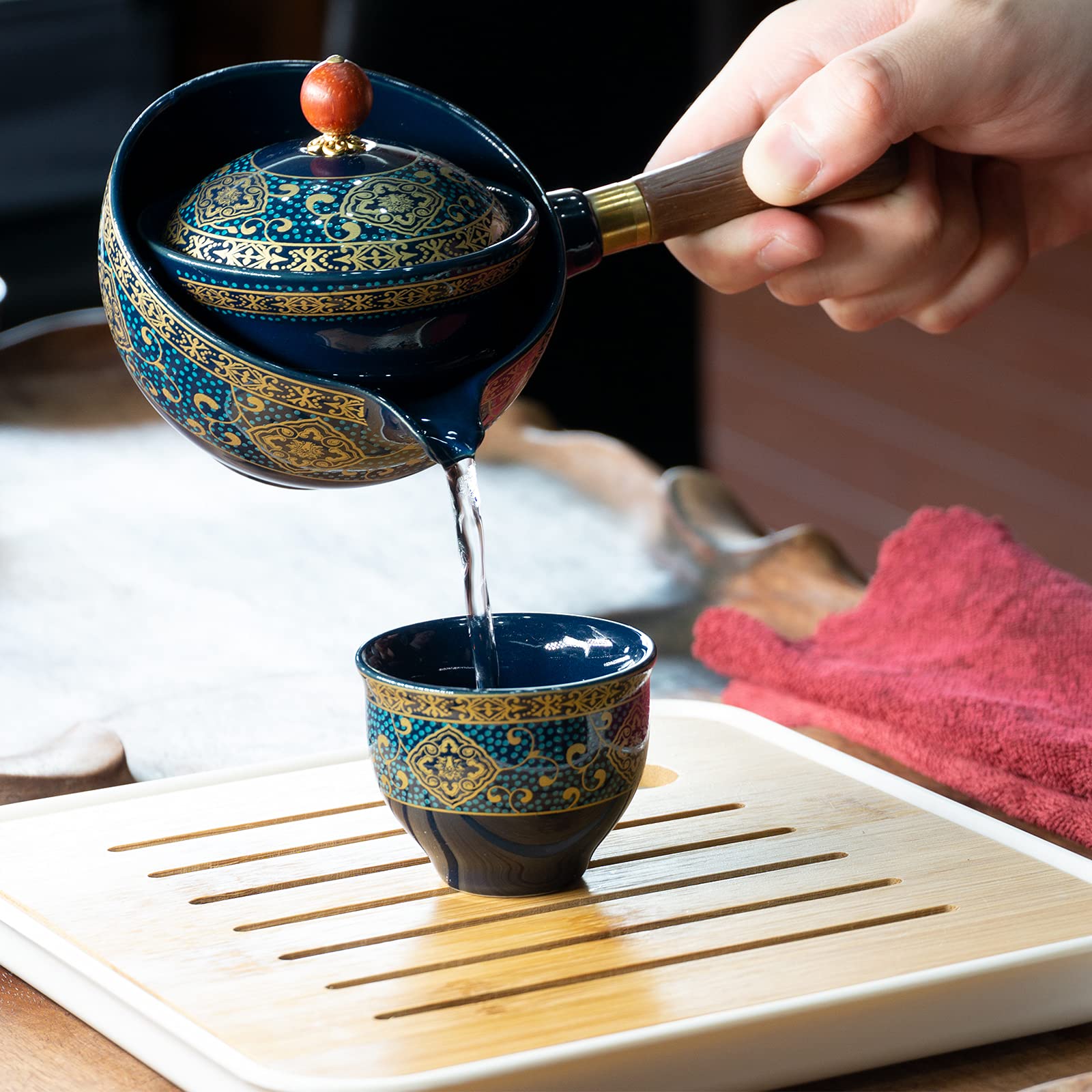 LURRIER Porcelain Chinese Gongfu Tea Set,Portable Teapot Set with 360 Rotation Tea maker and Infuser,Portable All in One Gift Bag for Travel,Home,Gifting,Outdoor and Office (Sakura)