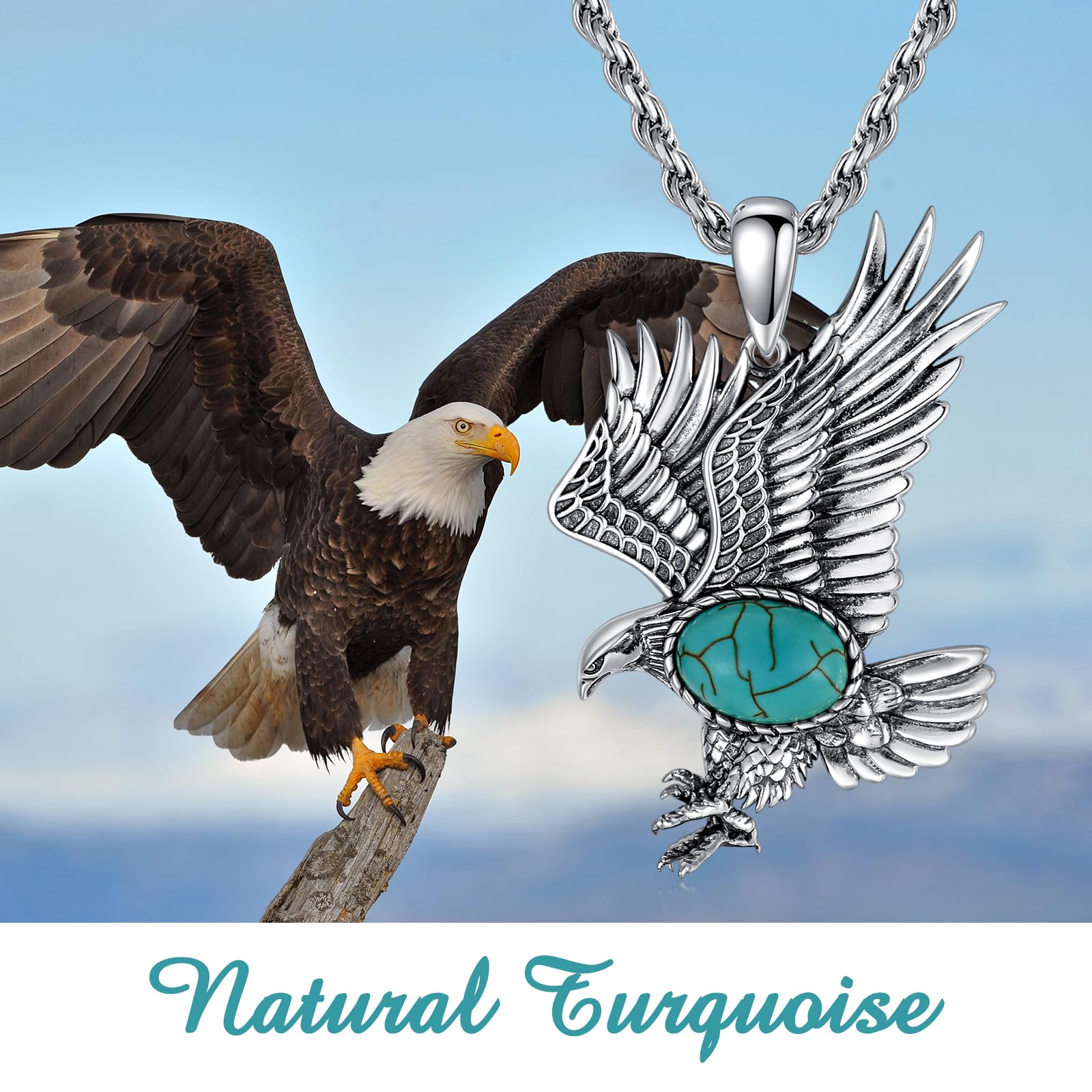 Eagle Necklace for Men 925 Sterling Silver Real Gemstone Vintage Hawk Pendant Western Viking Animal Jewelry Gifts for Father