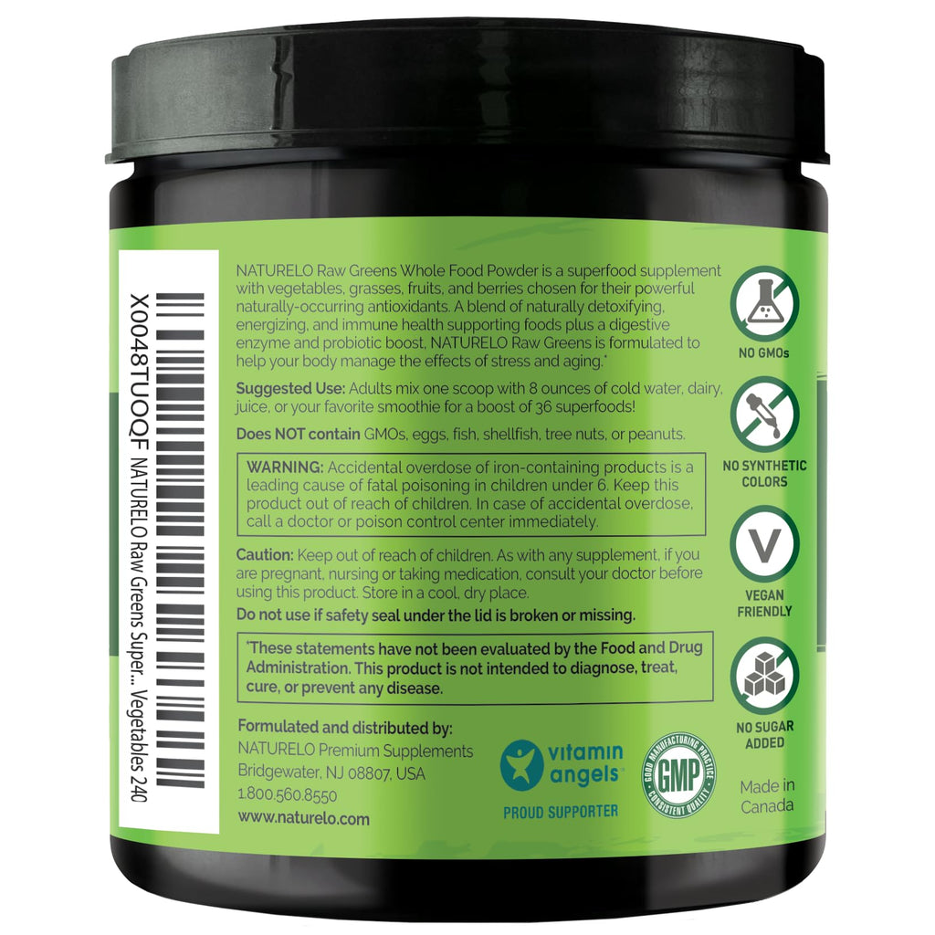 NATURELO Raw Greens Superfood Powder - Unsweetened - Boost Energy, Detox, Enhance Health - Organic Spirulina - Wheat Grass - Whole Food Nutrition from Fruits & Vegetables - 240 Grams