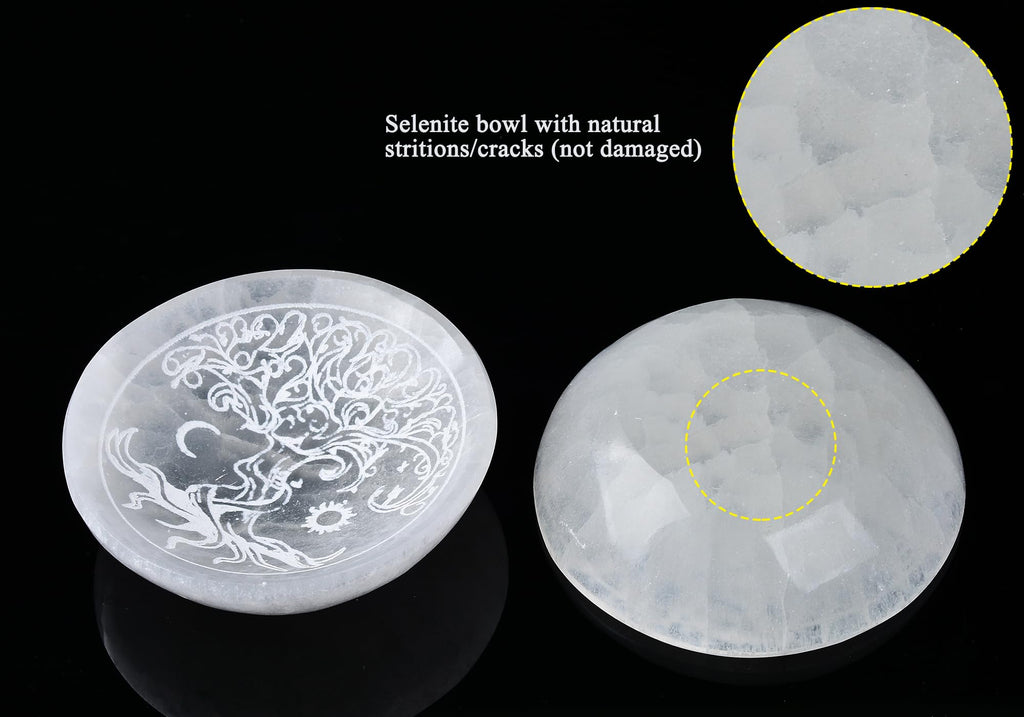 AMOYSTONE Natural Selenite Charging Bowl with Mandala Engraving 3.5-4'' Energy Cleansing Crystal Plate for Healing Meditation and Spiritual Home Decor