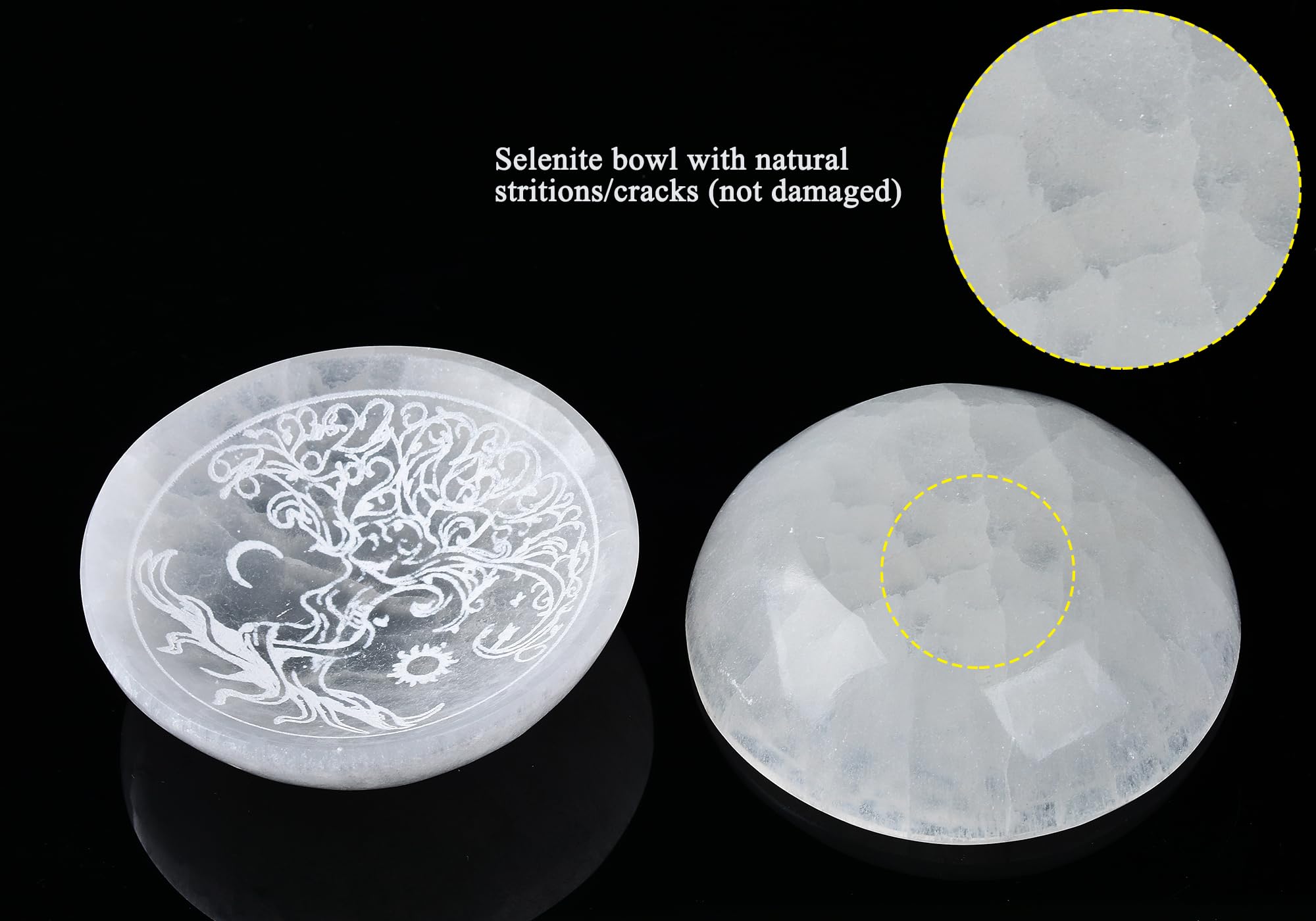 AMOYSTONE Natural Selenite Charging Bowl with Mandala Engraving 3.5-4'' Energy Cleansing Crystal Plate for Healing Meditation and Spiritual Home Decor