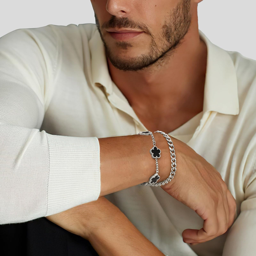 VNOX 2 PCS Floral Bracelets for Men Women -Womens Mens Stainless Steel Gold Cuban Chain Link Bracelet Lucky Charm Four Clover Flower Bracelets Trendy Jewelry Gifts