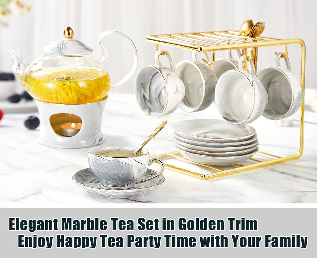 DUJUST 21 pcs Small Tea Set of 6, Pink Marble Set, Handcraft Golden Trim, Porcelain Tea Pot Set for Kids&Adults, 1 Glass Teapot(22oz), 6 Cups(4oz), 6 Saucers, 6 Spoons, 1 Shelf&1 Warmer