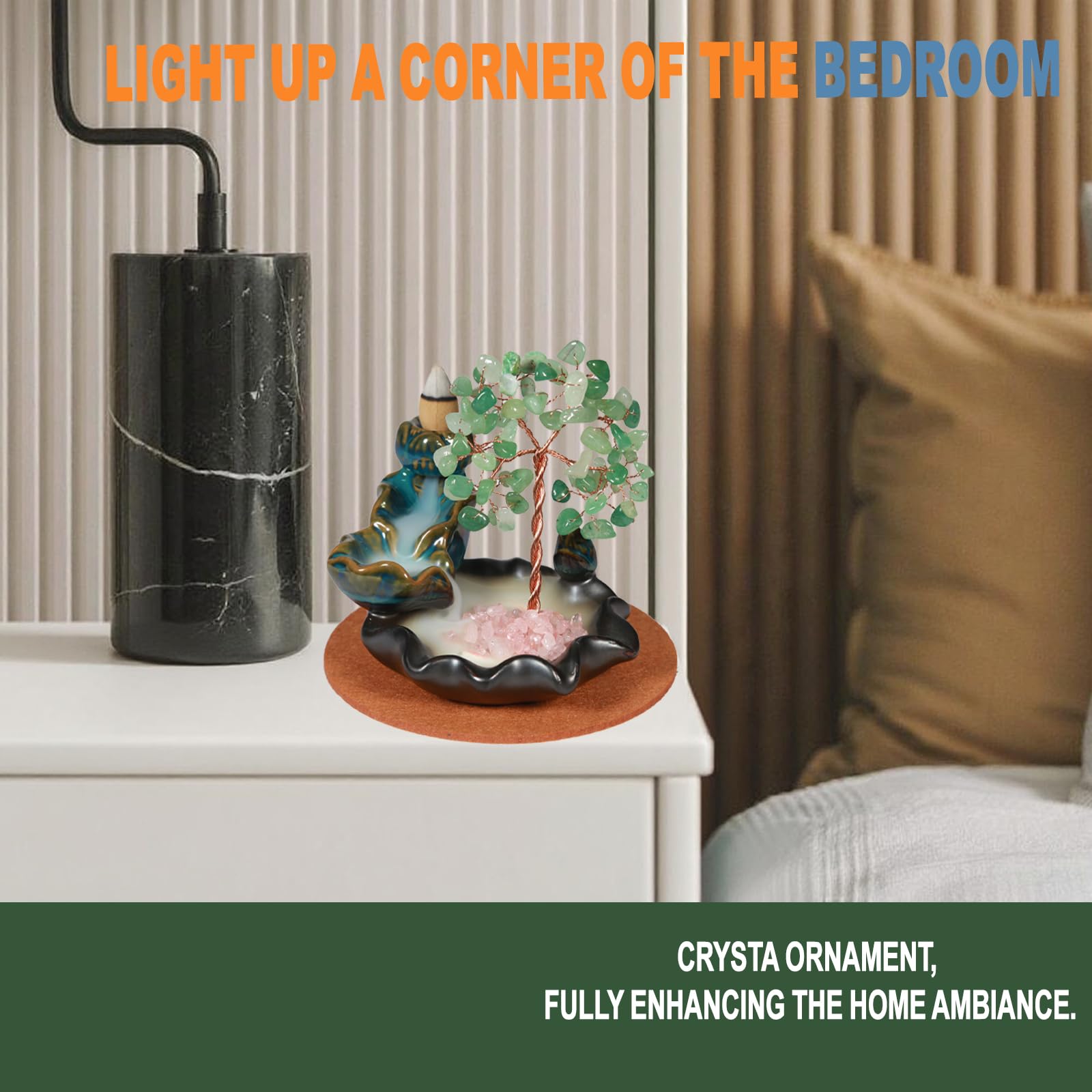 Waterfall Burner, Crystal Tree Backflow Incense Holder, with 30 Incense Cones, 30 Incense Stick, 1 Healing Crystal Necklace, Aromatherapy Anxiety Relief Items, Mom Gifts for Christmas