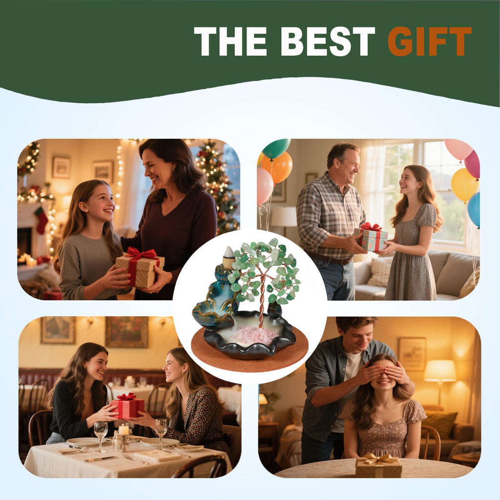 Waterfall Burner, Crystal Tree Backflow Incense Holder, with 30 Incense Cones, 30 Incense Stick, 1 Healing Crystal Necklace, Aromatherapy Anxiety Relief Items, Mom Gifts for Christmas