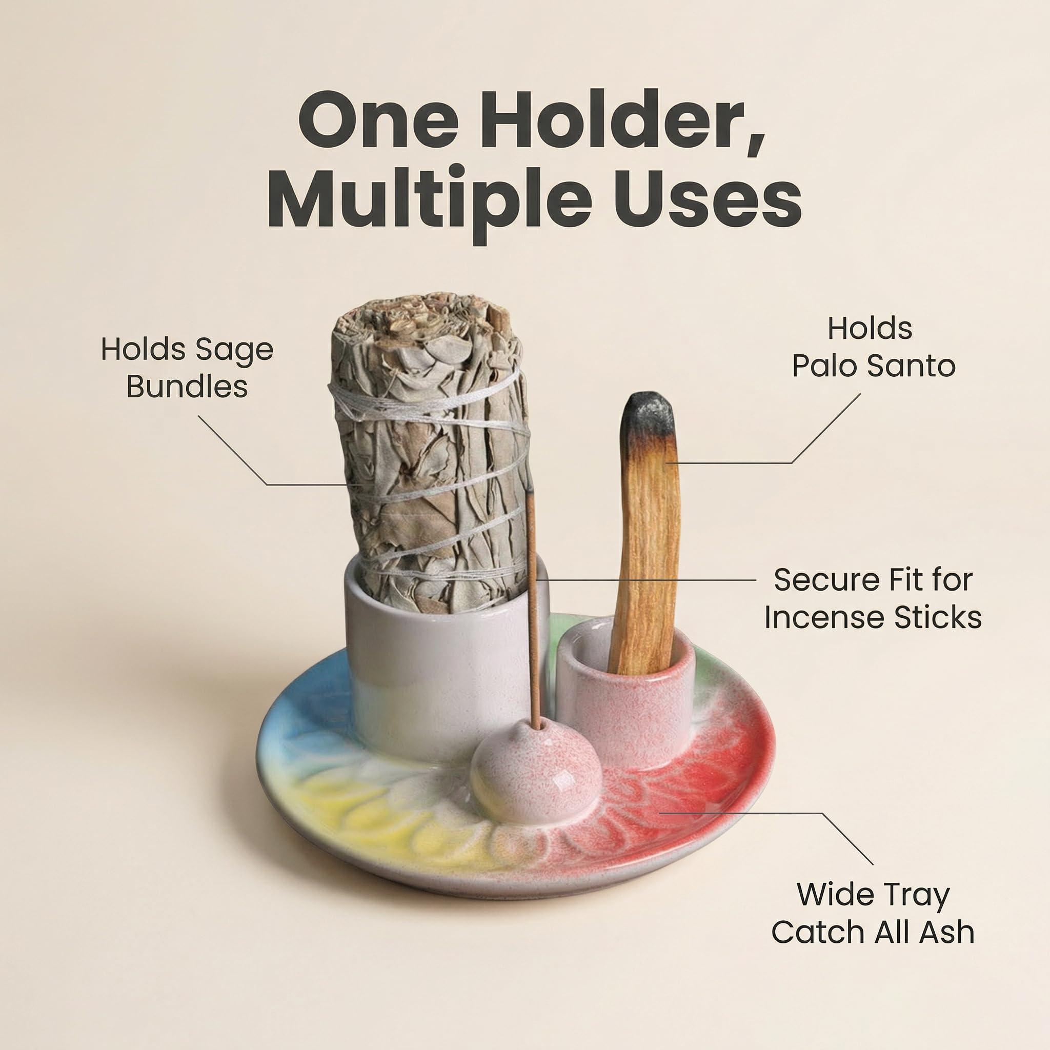 Handmade Ceramic Incense Burner for Palo Santo Incense Sticks, 4 in 1 Multi-Purpose Sage Holder for Burning, Ash Catcher Tray for Meditation Yoga Room (Golden)