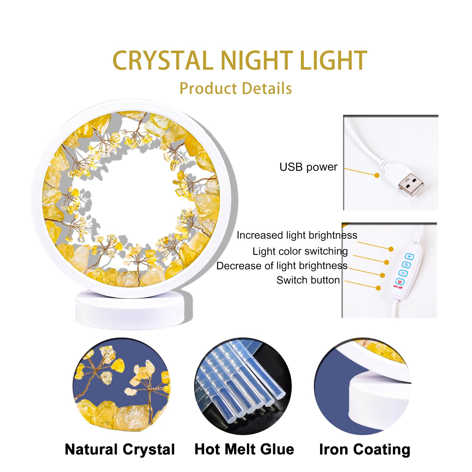 Runyangshi Amethyst Night Lamp 8.6" Natural Healing Crystal Bedside Lamp USB Port 3 Colours Dimming Mode Bedroom Lamp Suitable Night Light for Living Room Bedroom Office Home Decor Ideal Gift