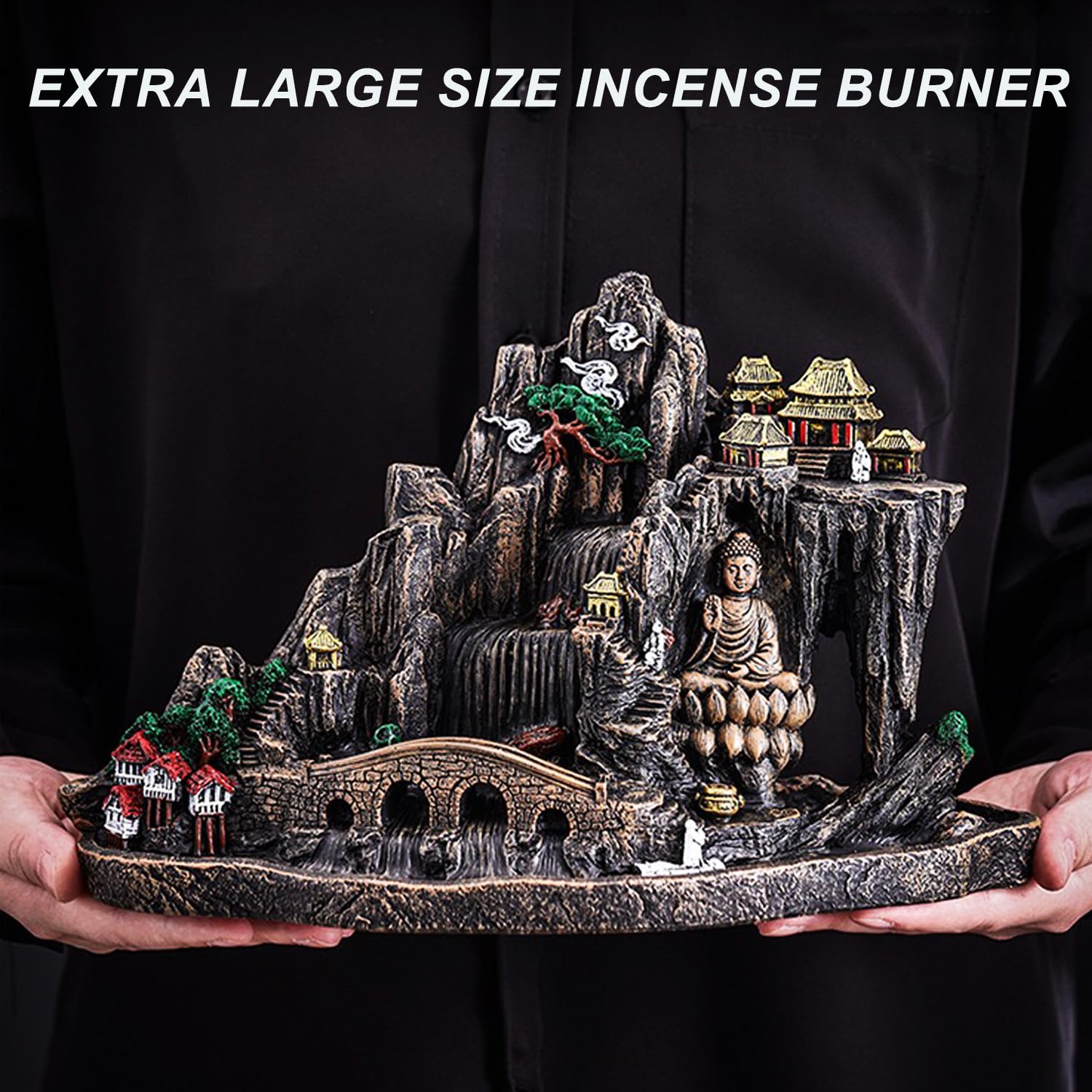 Mountain Waterfall Incense Burner，Backfall Incense Holder River, Incense Falls Meditation Decor for Room with Upgrade Incense Cones and Accessories (5in1 Palo Santo)