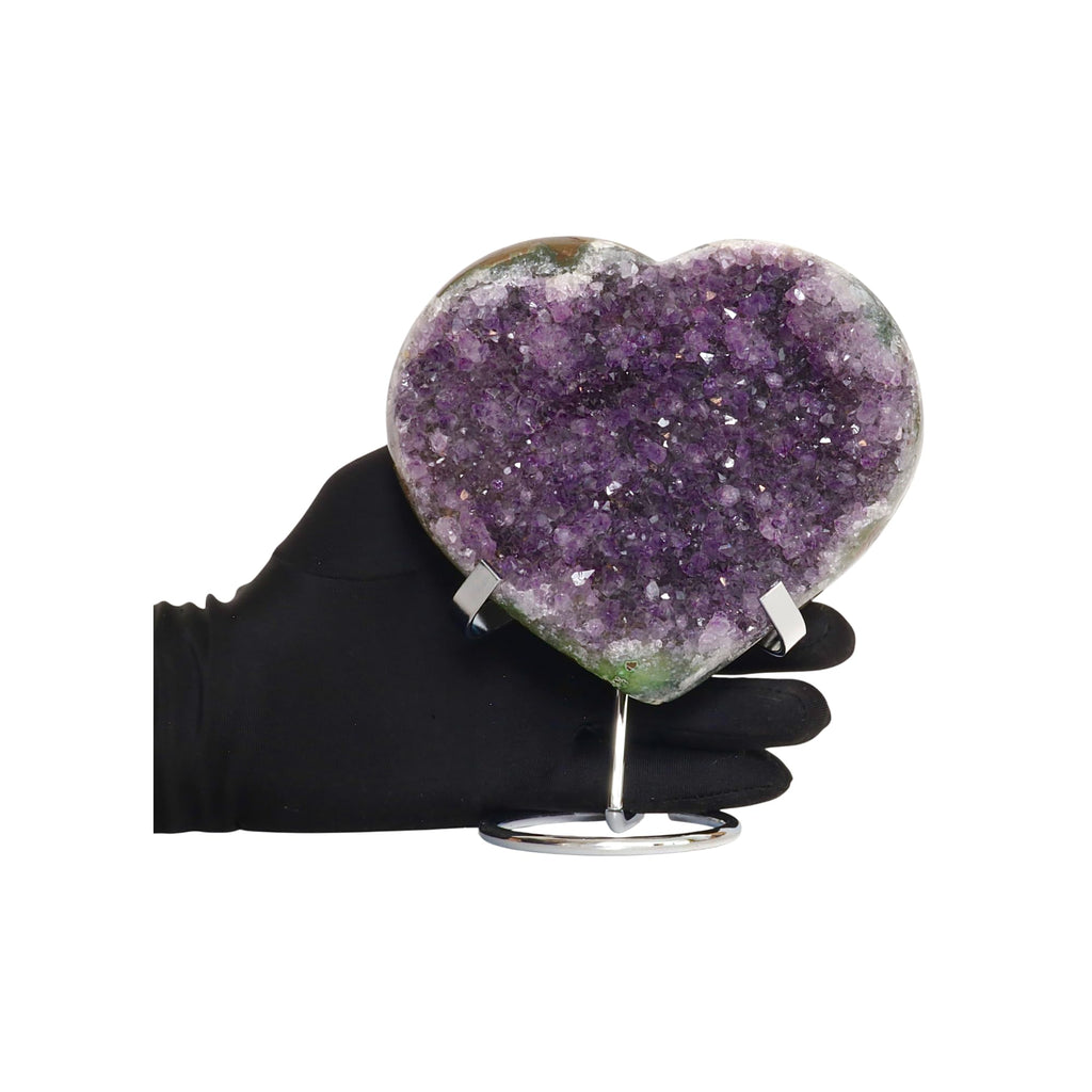 Hand-carved Amethyst Heart Cluster with Stand, Natural Raw Crystal Heart Stone 1–7 Inch tall (50g–1200g), Reiki Healing Gemstone, Love, spiritual Valentine Gift. (200-350 Grams-1.5 to 2.5" tall)