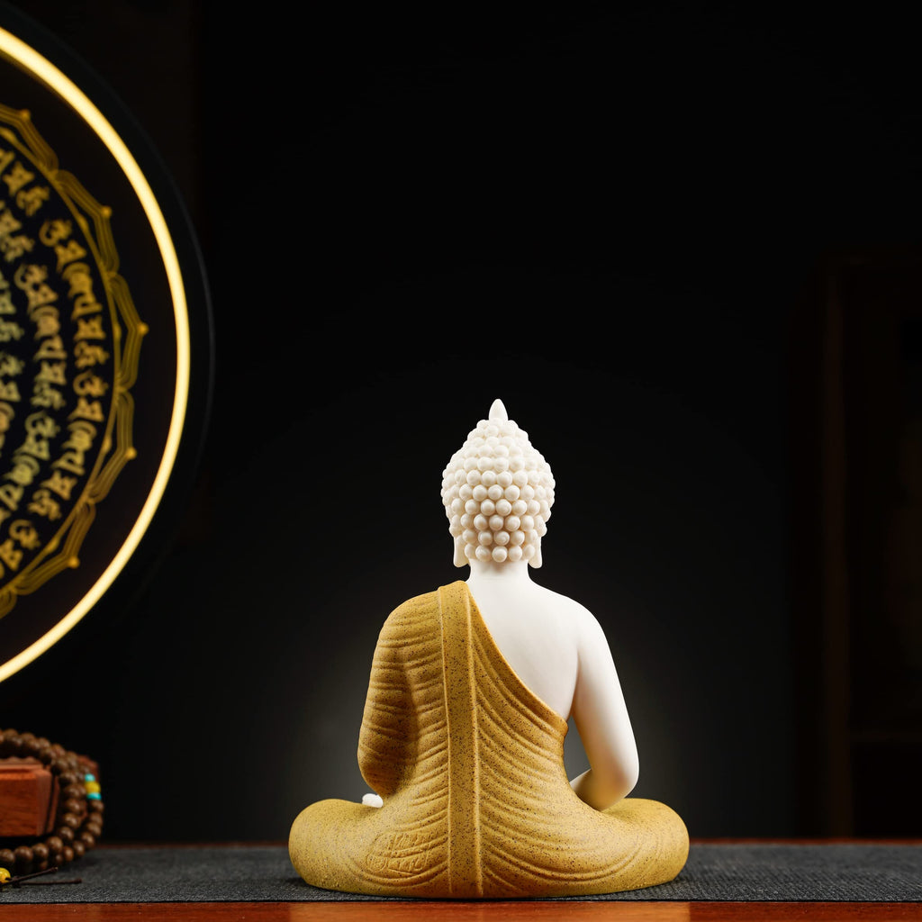 Houlu Yellow Buddha Statue and Circle LED Table Lamp, Ceramic Buddha Statue for Home Décor