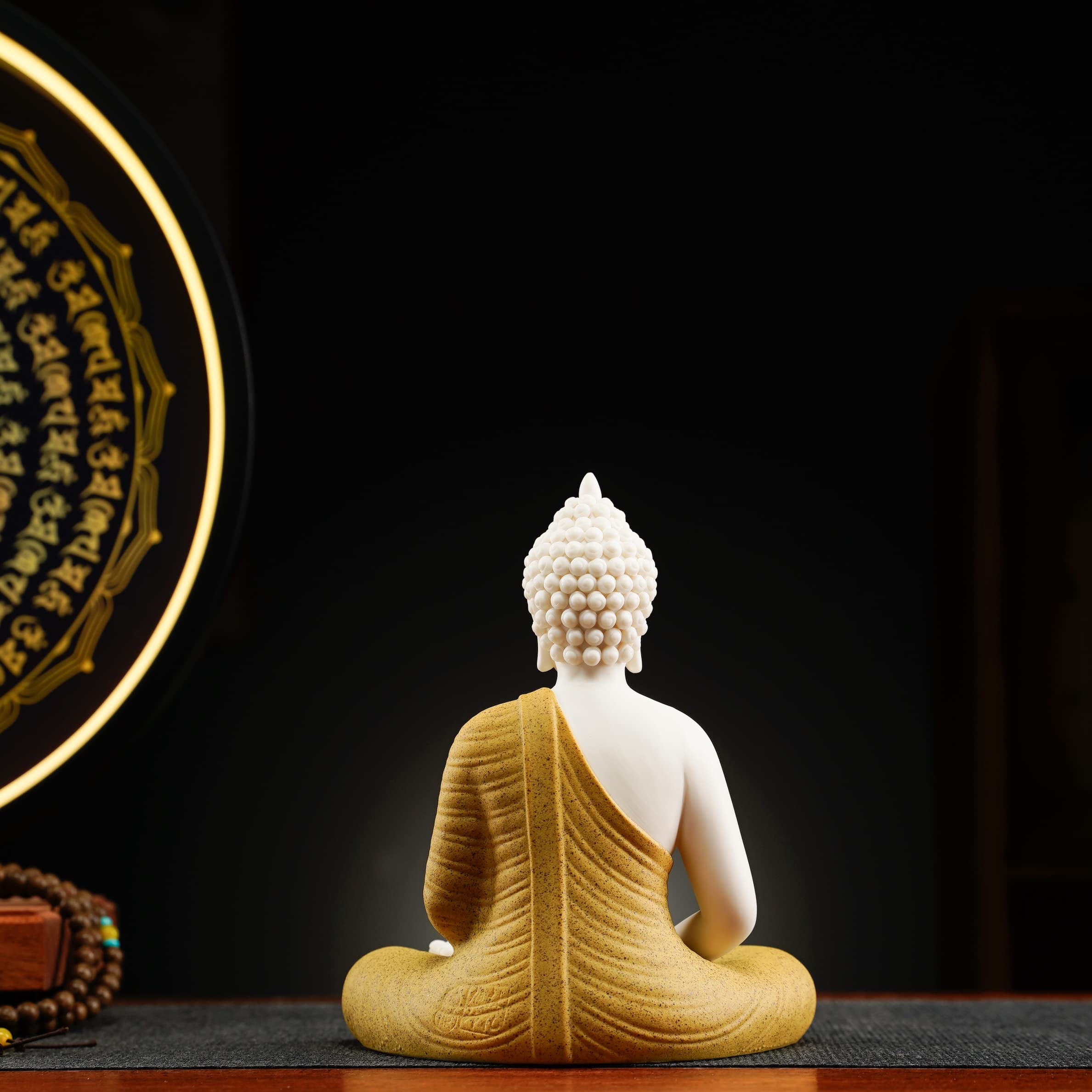 Houlu Yellow Buddha Statue and Circle LED Table Lamp, Ceramic Buddha Statue for Home Décor