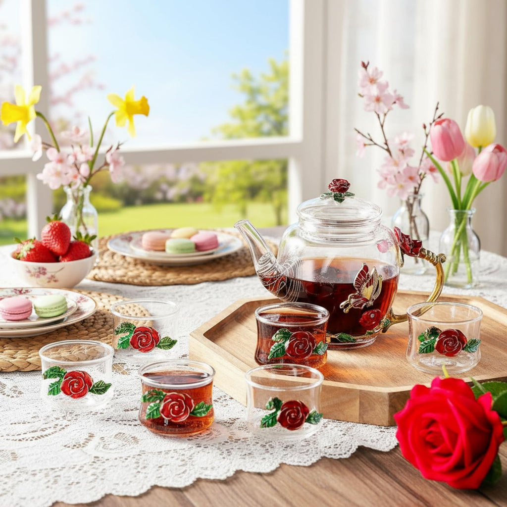 7 Pcs Floral Glass Tea Set for Women 14 oz Butterfly Vintage Teapot Set for Adults Glass Tea Gift for Valentine Spring Party Mother's Day Girlfriend Fancy Pot Cups with Gift Box(Blue)