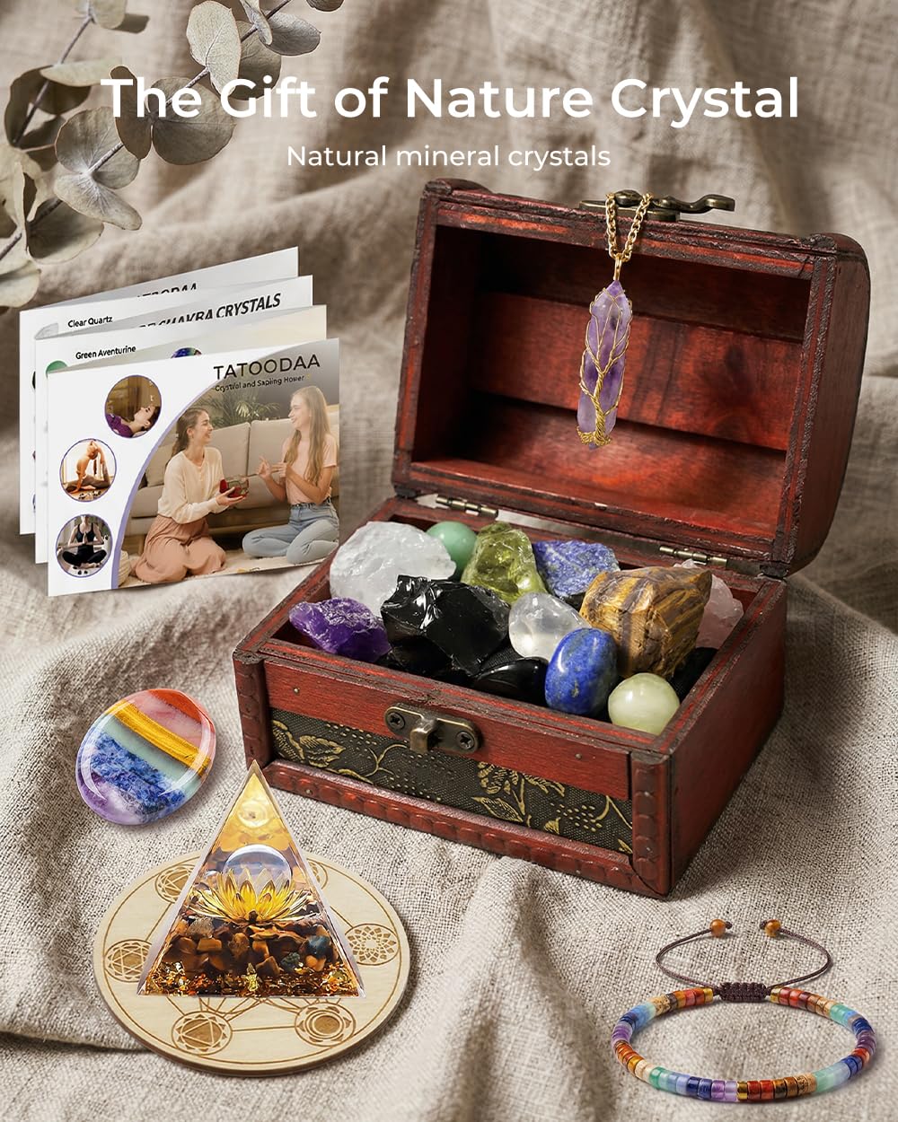 Crystals and Healing Stones, 9 Pcs Healing Crystals Set, 7 Chakra Crystal Stones Set Real Natural Selenite Pyramid Reiki Raw Rock Energy Protection Meditation with Wooden Box, Crystal Gifts for Women