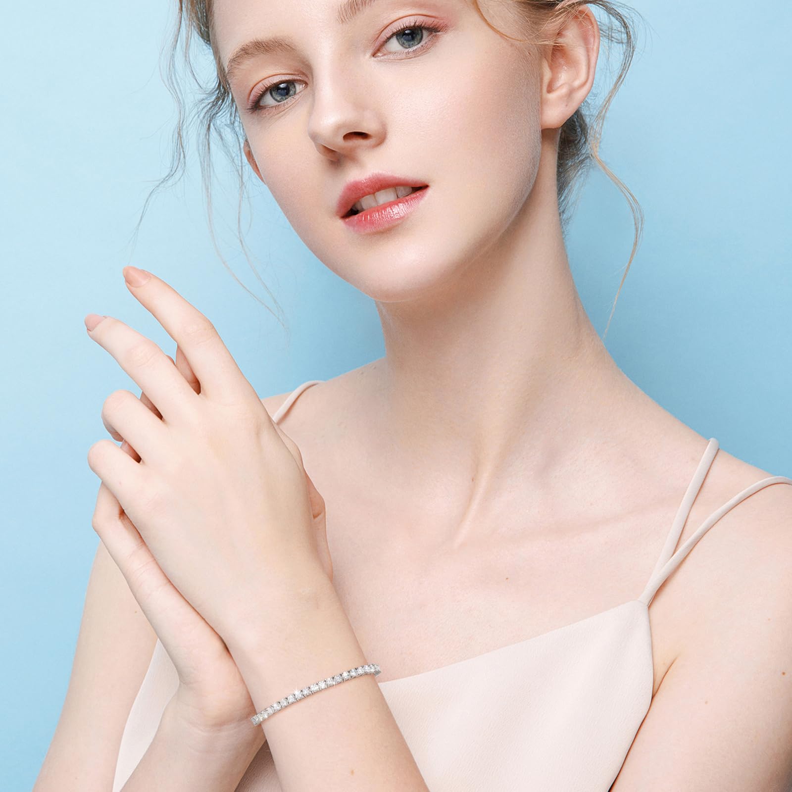 Moissanite Tennis Bracelet 1.79ct-8.69ct Adjustable Bracelet for Women 18K White Gold Plated S925 Sterling Silver Tennis Bracelet D Color VVS1 Round Cut 2/3/4mm Moissanite Bracelet Gifts for Wife/Mom