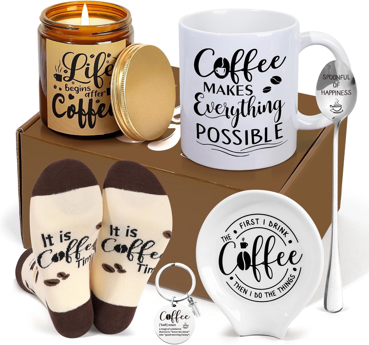 iAOVUEBY Coffee Gifts, 6PCS Coffee Gift Basket, Coffee Lover Gift Set Includes Coffee Mug Spoon Rest Holder Coffee Socks Keychain, Birthday Christmas Gift for Women Men Coffee Lover Friends