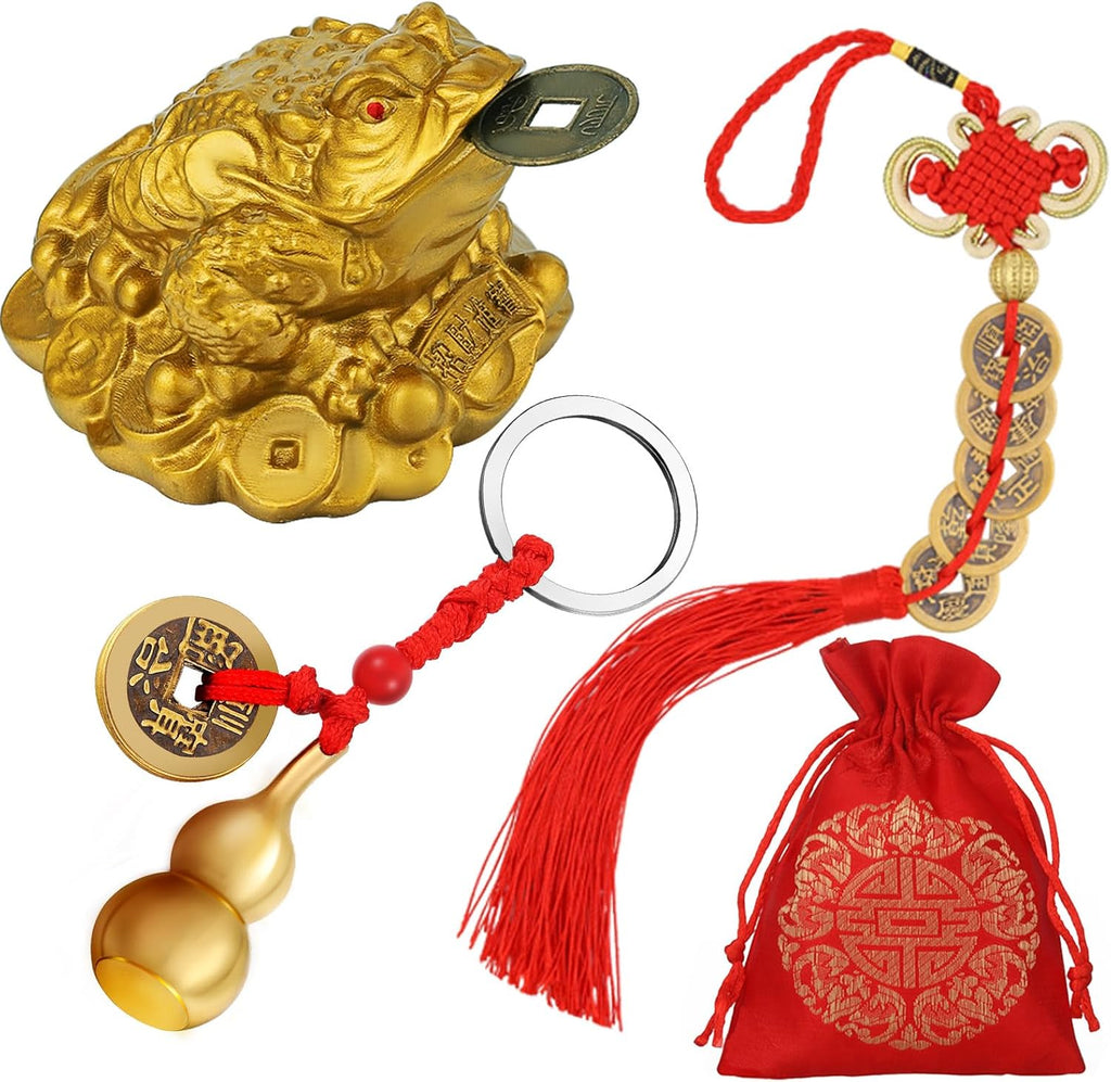 3 Pieces Feng Shui Frog Chinese Knot Lucky Coins Feng Shui Brass Wu Lou with Coins Keychain for Longevity Travel Safely Wealth Success and Good Luck with 1 Blessing Card and 1 Red Blessing Bag