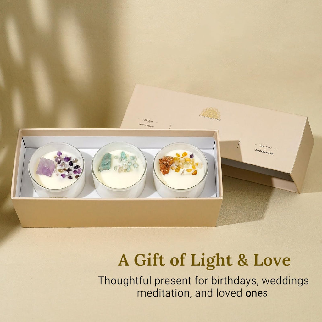 AVACONCEPT Crystal Infused Soy Wax Candle Gift Set Aromatherapy Scented Candles with Healing Crystals Natural Hand-Poured Luxury for Relaxation & Home Décor (Sunstone & Amethyst & Amazonite)
