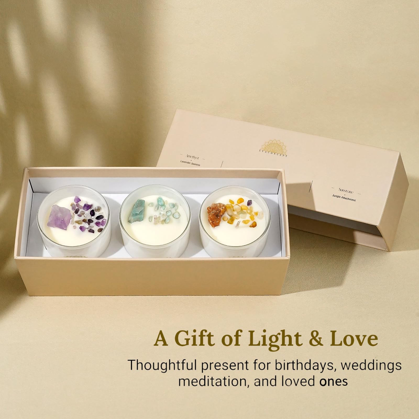 AVACONCEPT Crystal Infused Soy Wax Candle Gift Set Aromatherapy Scented Candles with Healing Crystals Natural Hand-Poured Luxury for Relaxation & Home Décor (Sunstone & Amethyst & Amazonite)