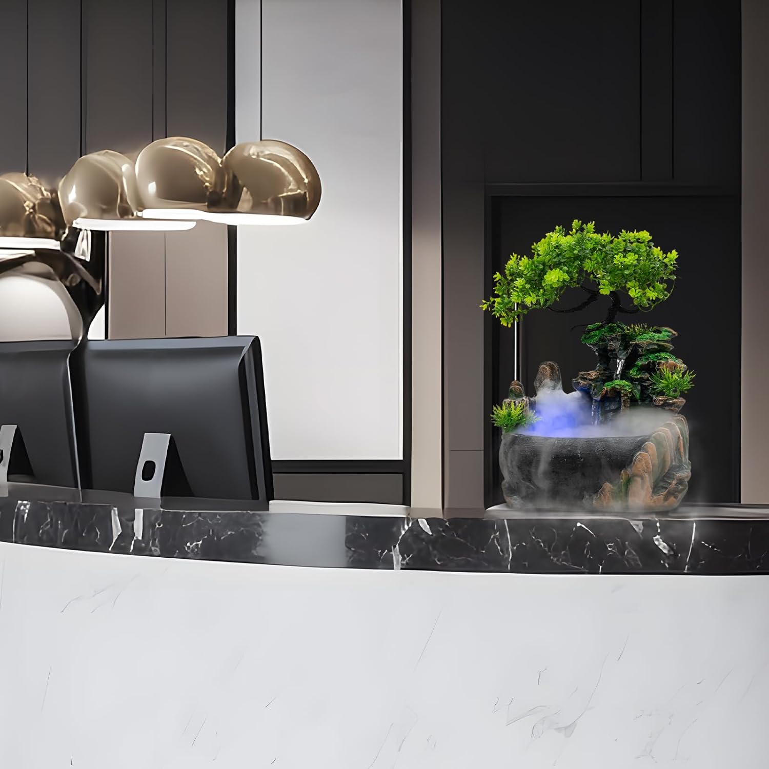 Desktop Fountain Waterfall Humidifier Atomizing, with Color LED Light & ON/Off Switch, Indoor Relaxation for Office Desk Decor FengShui