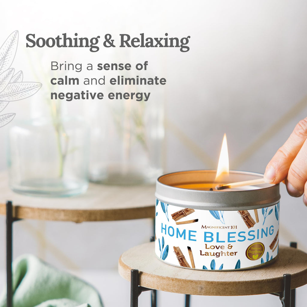 Magnificent 101 Long-Lasting Home Blessing - Love & Laughter Aromatherapy Smudge Candle - 6 Oz - 35-Hour Burn - Soy Wax, Sage, Bergamot & Sandalwood - Meditation & Manifestation - Sage Candle