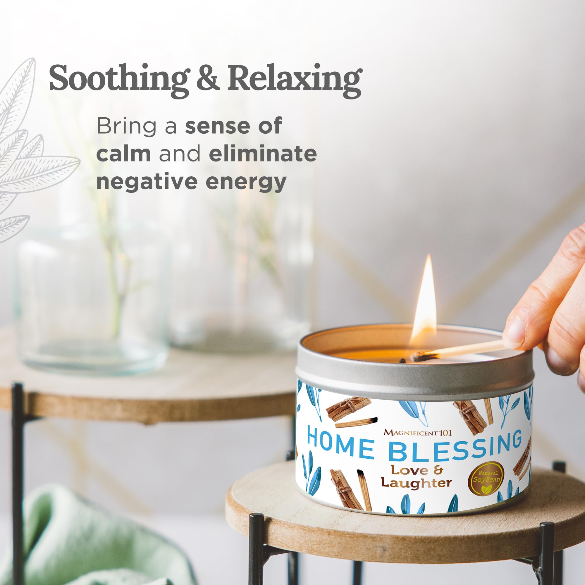 Magnificent 101 Long-Lasting Home Blessing - Love & Laughter Aromatherapy Smudge Candle - 6 Oz - 35-Hour Burn - Soy Wax, Sage, Bergamot & Sandalwood - Meditation & Manifestation - Sage Candle