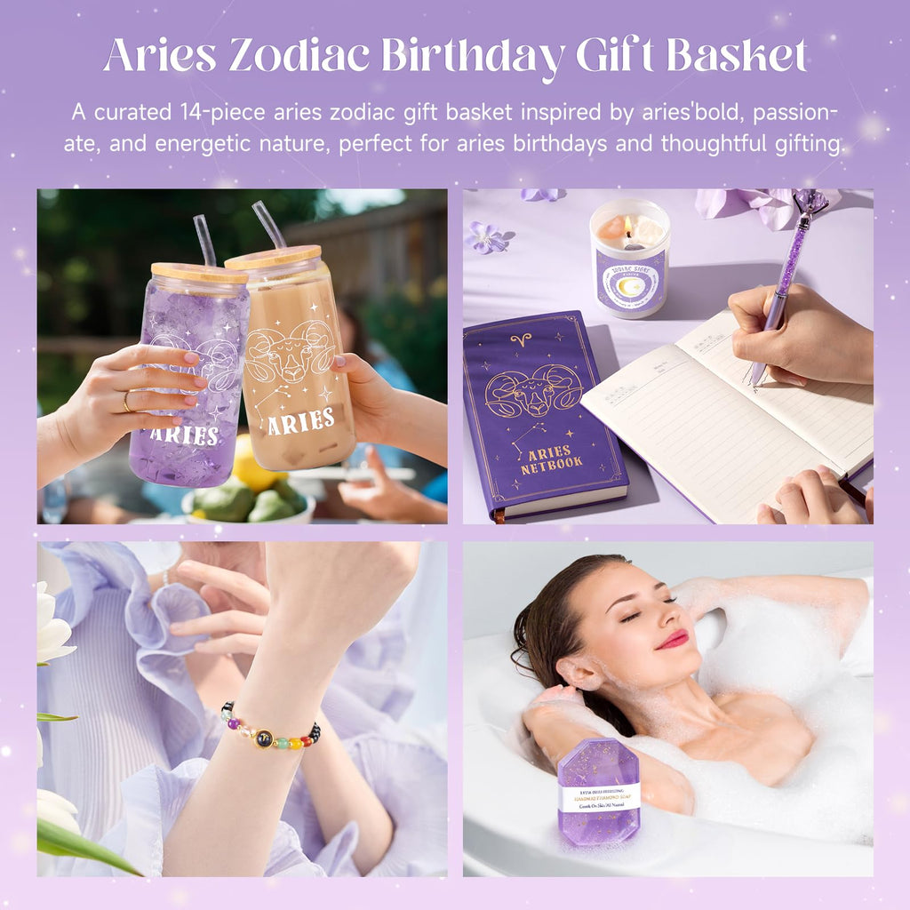 Pisces Birthday Gifts for Women, 12PCS Purple Zodiac Gift Baskets for Women with 16 oz Pisces Glass Cup Candle Mini Jewelry Gift Box, Unique Womens Birthday Gifts for Best Friend, Her, Mom, Sister