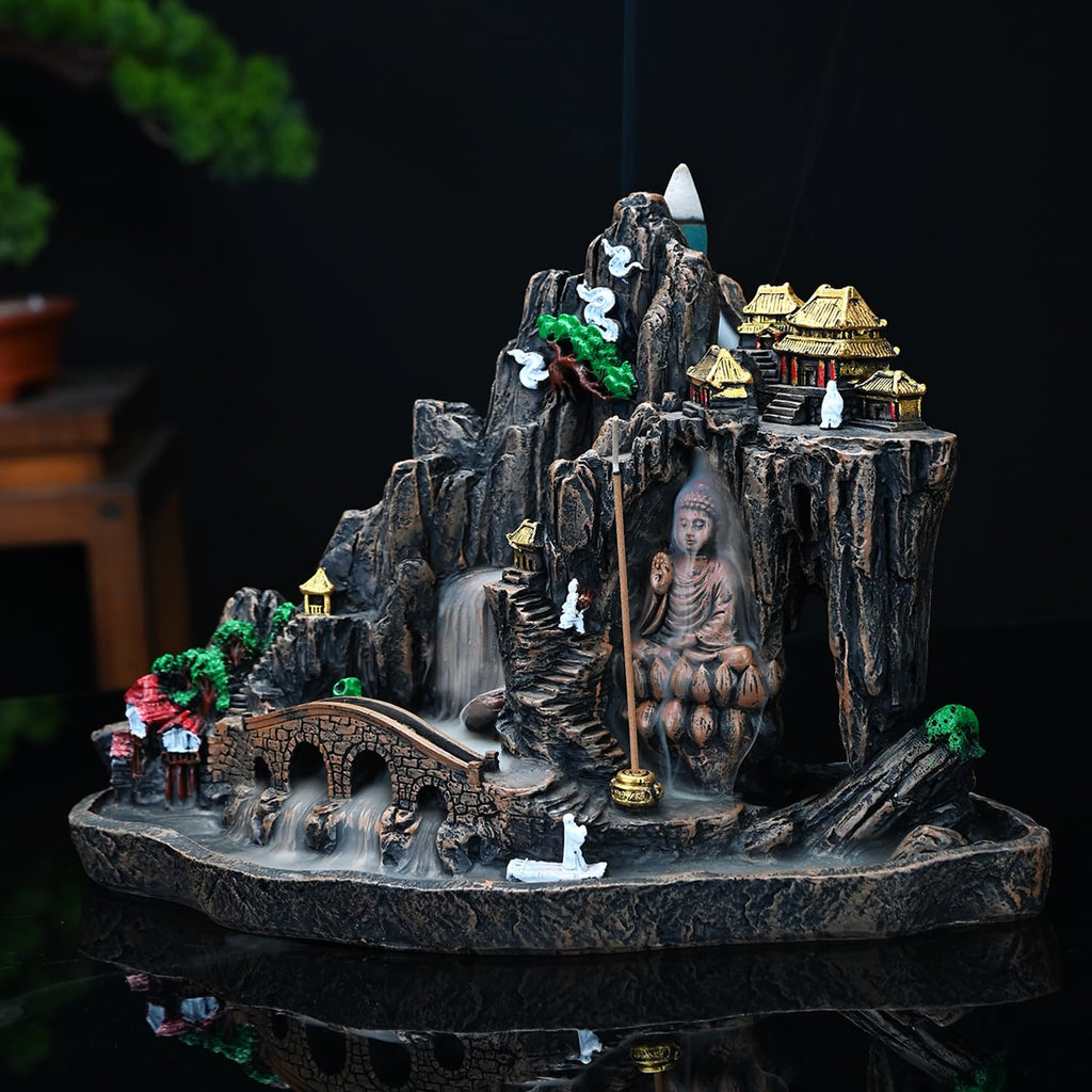 Mountain Waterfall Incense Burner，Backfall Incense Holder River, Incense Falls Meditation Decor for Room with Upgrade Incense Cones and Accessories (5in1 Palo Santo)