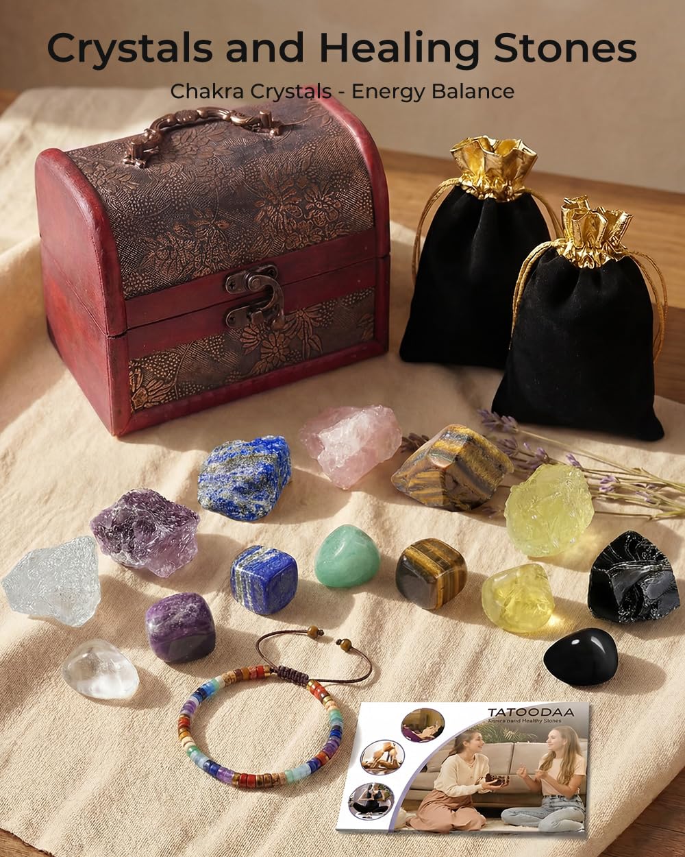 Crystals and Healing Stones, 9 Pcs Healing Crystals Set, 7 Chakra Crystal Stones Set Real Natural Selenite Pyramid Reiki Raw Rock Energy Protection Meditation with Wooden Box, Crystal Gifts for Women