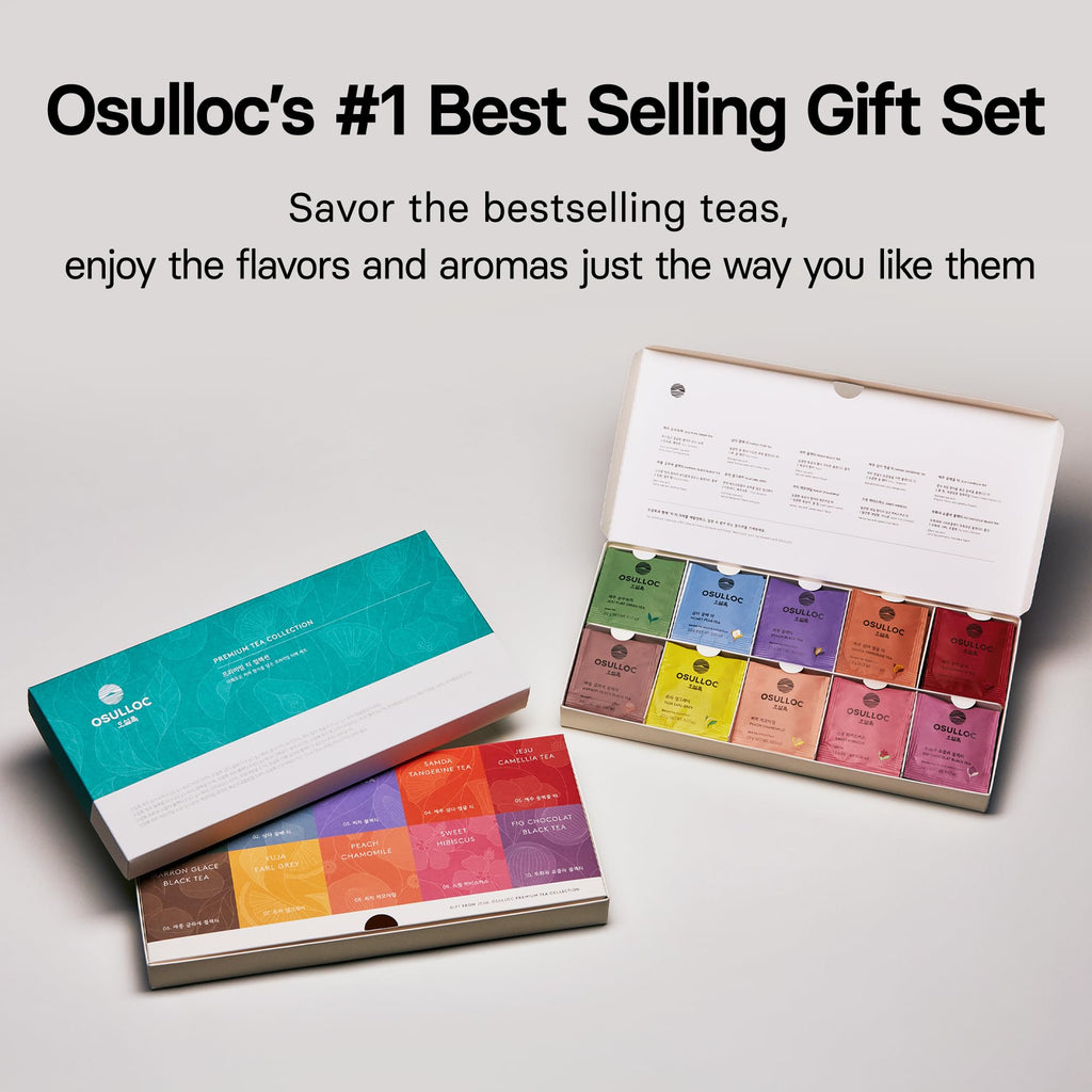 OSULLOC Premium Tea Collection (40 count, 10 flavors x 4 ea), Self Care Sampler Gift Box Variety Pack, Premium Organic Pure & Blended Tea from Jeju
