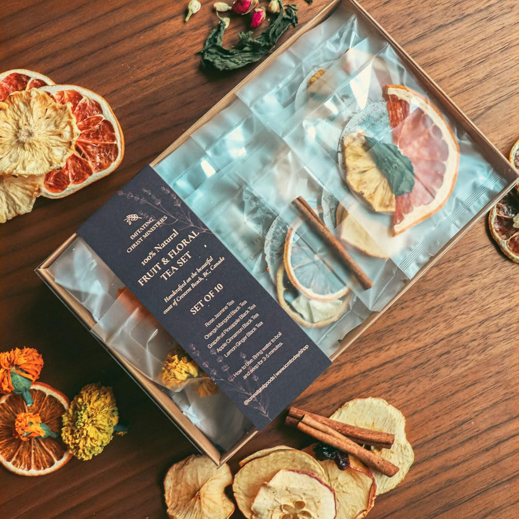 Gourmet Fruit & Floral Tea Set of 10 | Handcrafted, Additive-Free, Assorted Tea Gift Set | Sampler 5 Flavors of Naturally Dried Orange, Grapefruit, Lemon, Apple, Rose Jasmine | 10 Tea Bags | Premium Tea Gift Set
