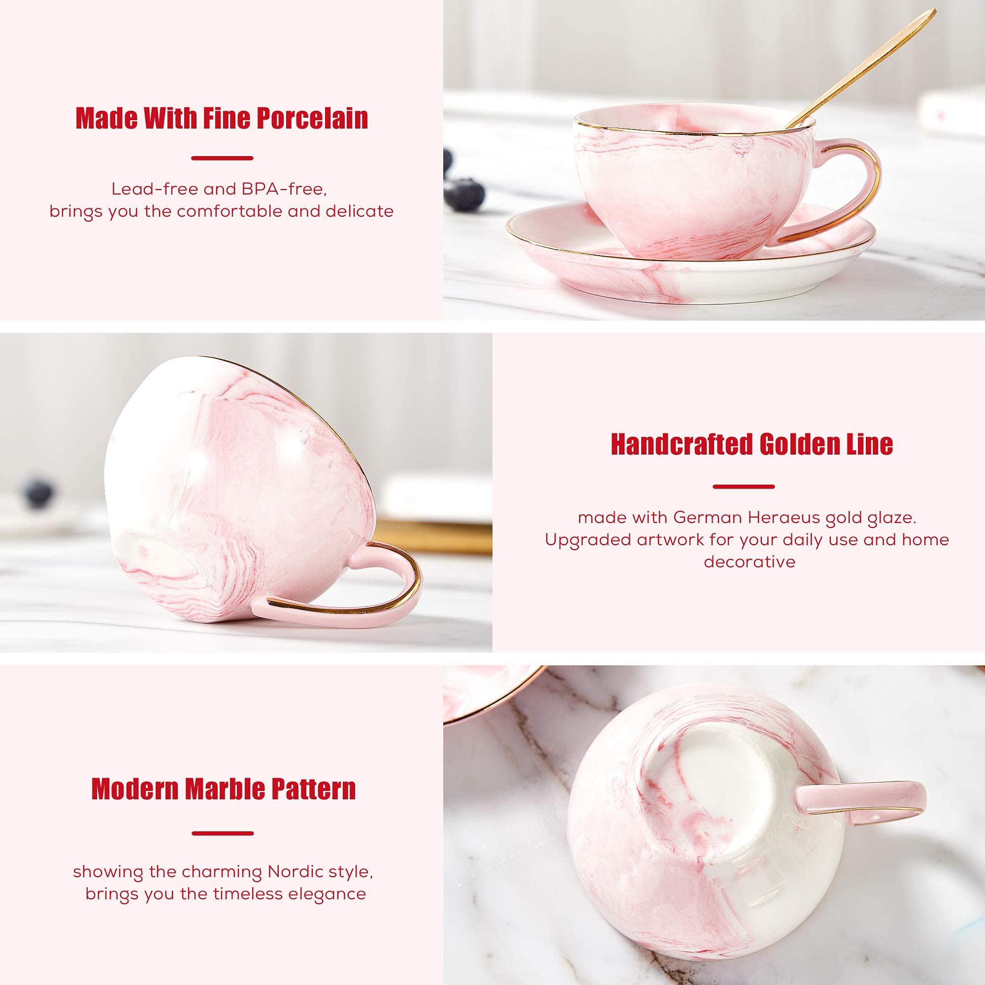 DUJUST 21 pcs Small Tea Set of 6, Pink Marble Set, Handcraft Golden Trim, Porcelain Tea Pot Set for Kids&Adults, 1 Glass Teapot(22oz), 6 Cups(4oz), 6 Saucers, 6 Spoons, 1 Shelf&1 Warmer