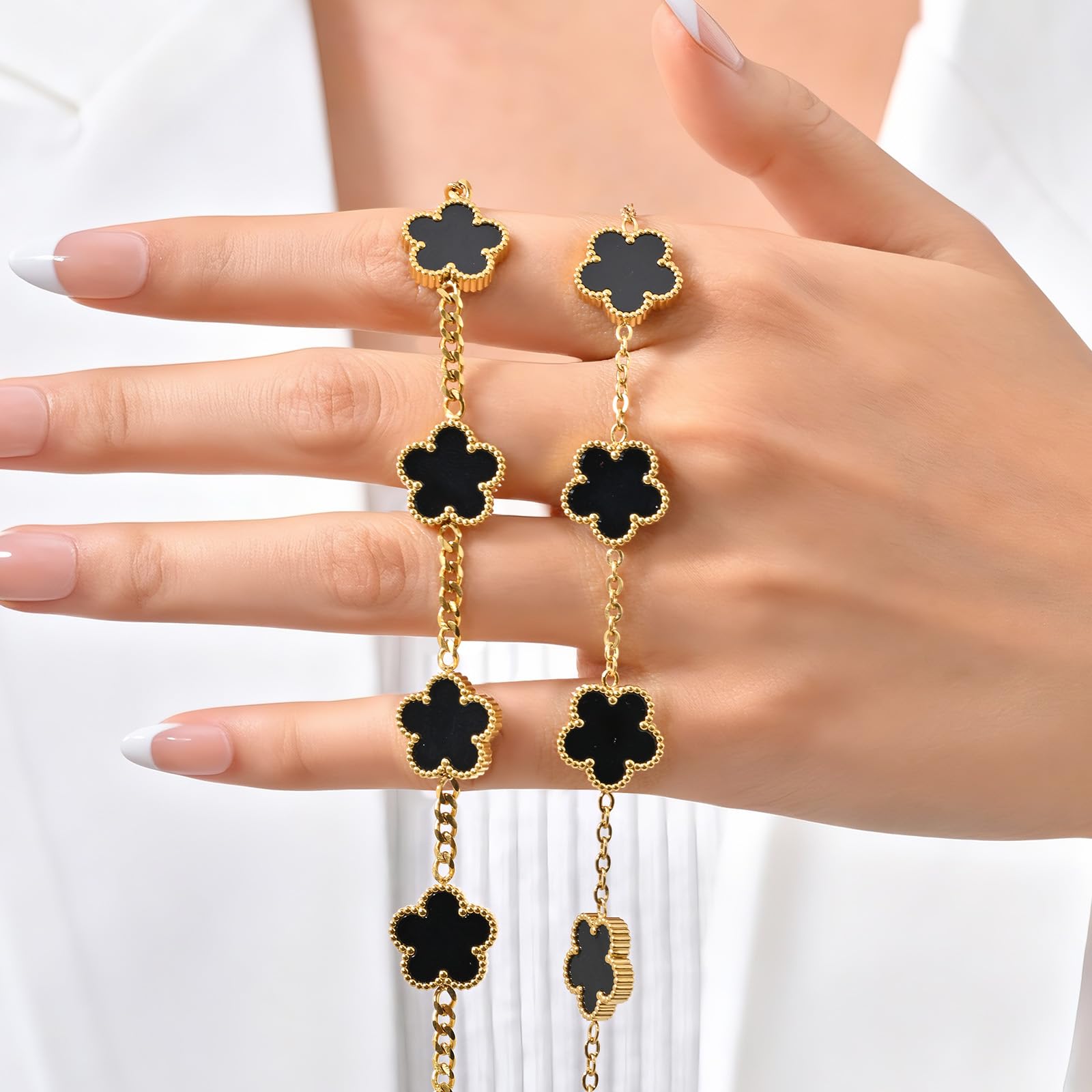 VNOX 2 PCS Floral Bracelets for Men Women -Womens Mens Stainless Steel Gold Cuban Chain Link Bracelet Lucky Charm Four Clover Flower Bracelets Trendy Jewelry Gifts