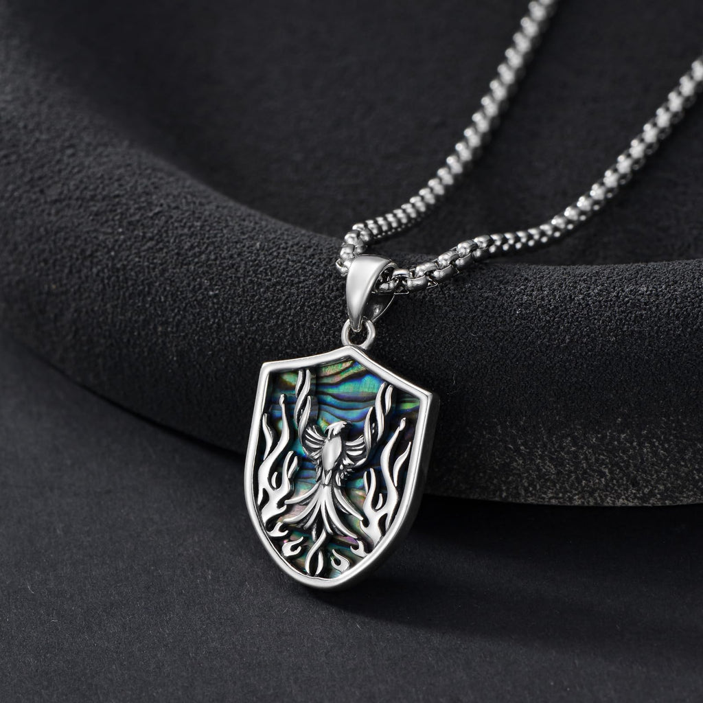 PELOVNY Phoenix Necklace 925 Sterling Silver Shield/Sword/Crystal/Tarot Card/Dog Tag/Cross/Abalone/Axe Pendant Rising Bird Jewelry for Anniversary Birthday Christmas Gifts Men Women