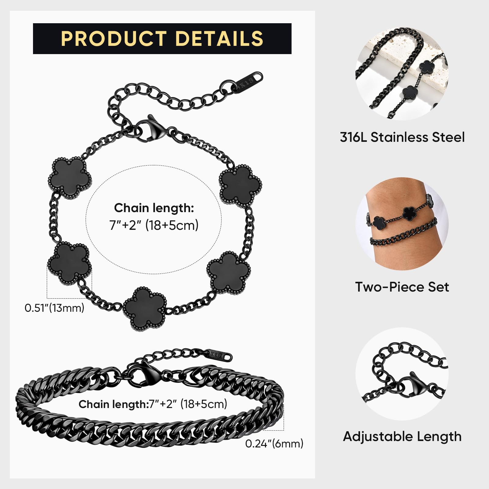 VNOX 2 PCS Floral Bracelets for Men Women -Womens Mens Stainless Steel Gold Cuban Chain Link Bracelet Lucky Charm Four Clover Flower Bracelets Trendy Jewelry Gifts
