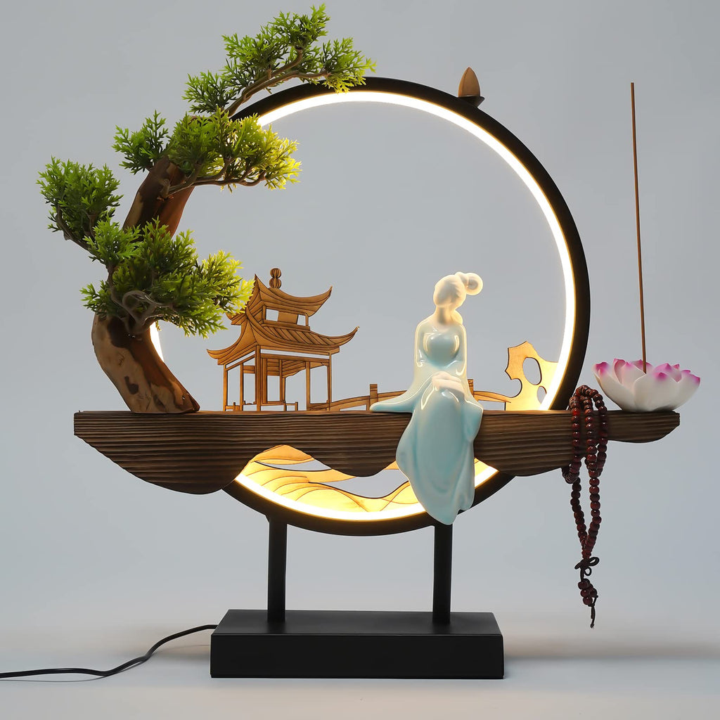 Backflow Incense Holder, Ceramic Incense Burner with Adjustable LED Light, Chinese Style Ornament Incense Holders with Backflow for Relaxing and Home Decor