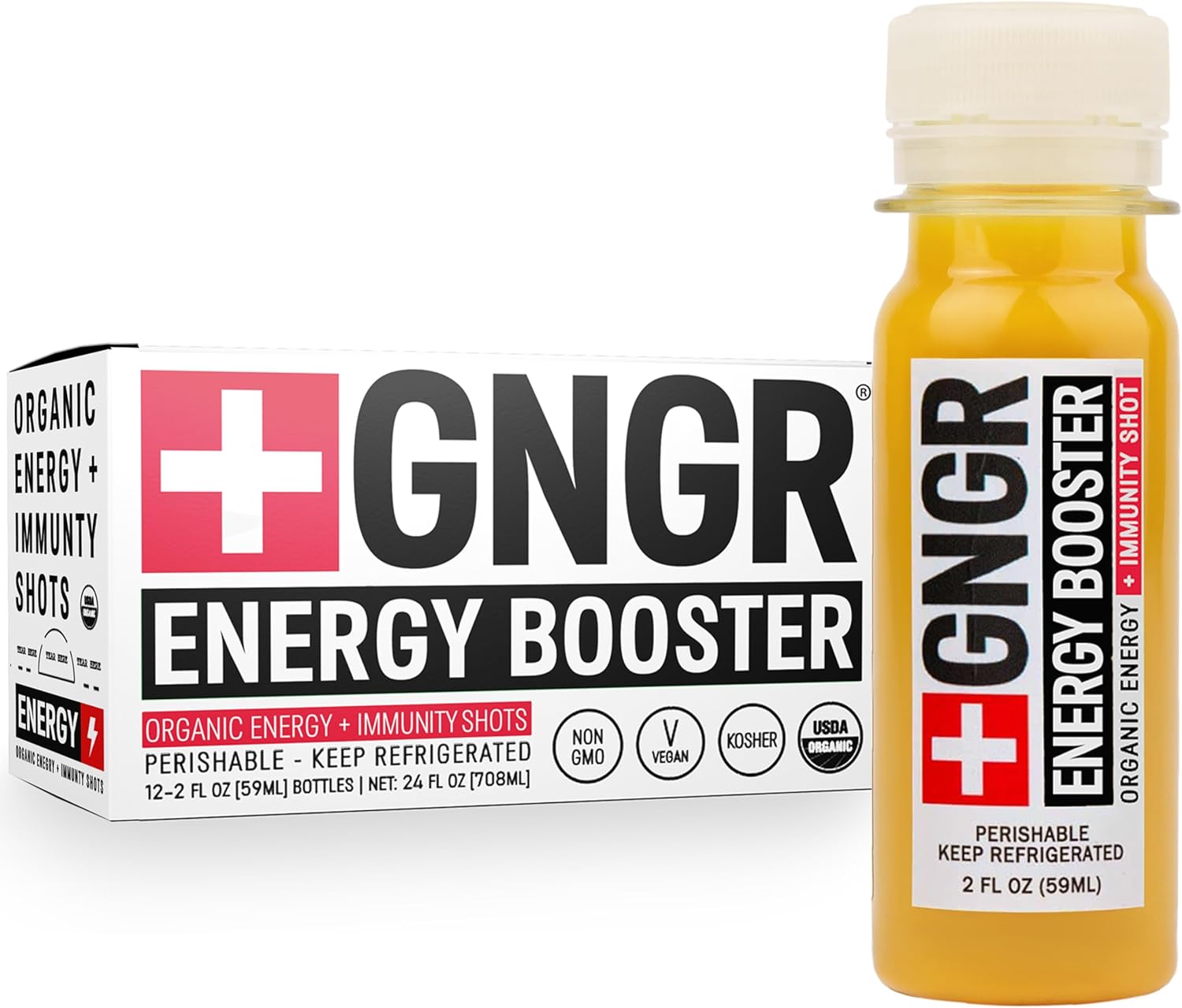 +GNGR Energy Booster – Organic Cold-Pressed Ginger Shot with Turmeric, Green Tea, Orange & Lemon Juice. Natural Energy Shot for Immune and Digestive Support, Nothing Artificial, 2 fl oz (Pack of 12)