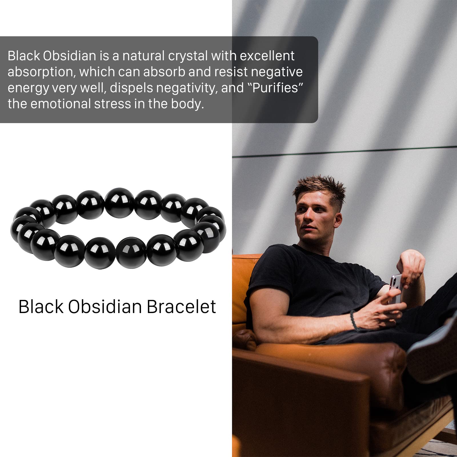Protection Bracelet-Natural Black Obsidian bracelet for men women- Anti anxiety,Bring Good luck &Happiness Bracelet- Handmade Healing Crystal Bracelets