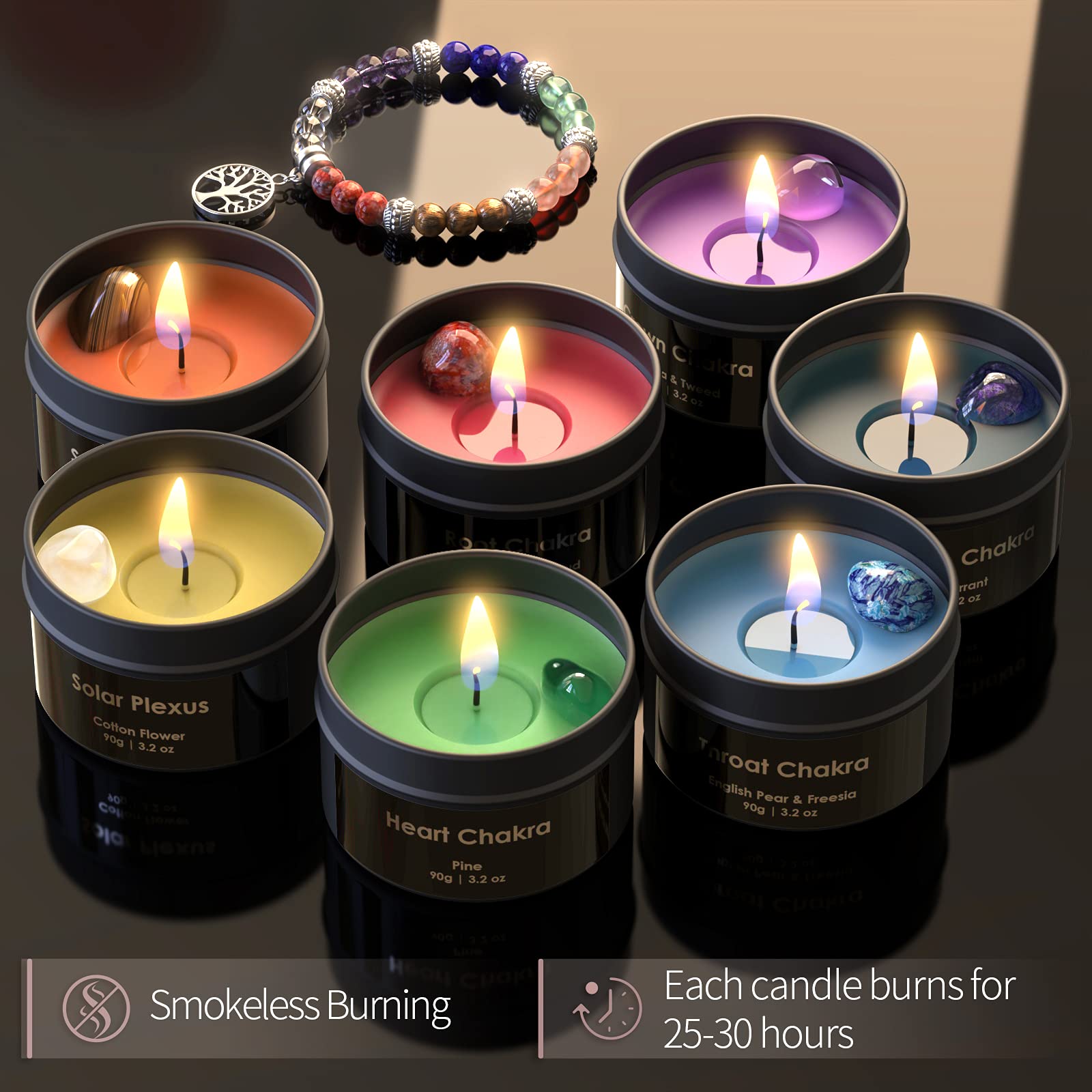 Inspireyes Scented Candles Set with Crystal, 3 Wick Candle 19 oz Soy Wax Aromatherapy Meditation Candles, Large Manifestation Candle with Large Energy Stones, Birthday Gifts for Women