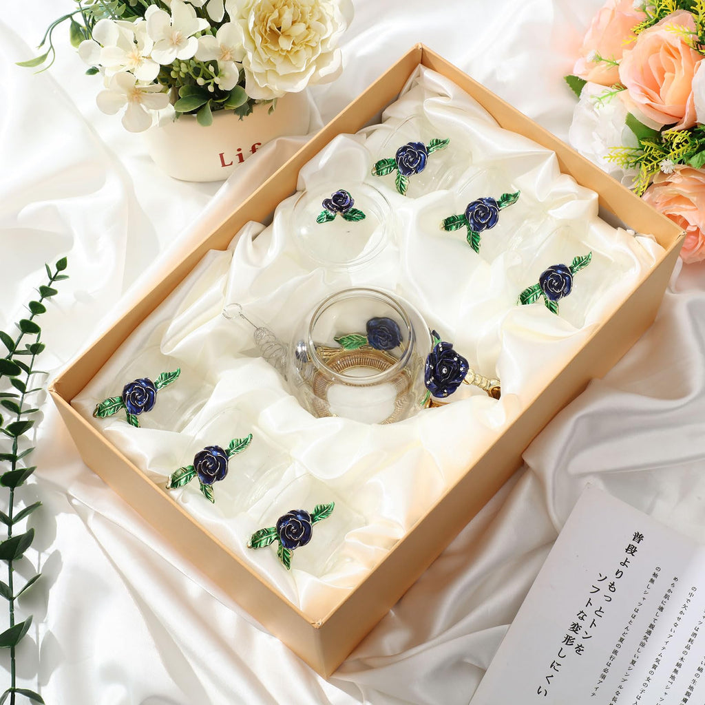 7 Pcs Floral Glass Tea Set for Women 14 oz Butterfly Vintage Teapot Set for Adults Glass Tea Gift for Valentine Spring Party Mother's Day Girlfriend Fancy Pot Cups with Gift Box(Blue)