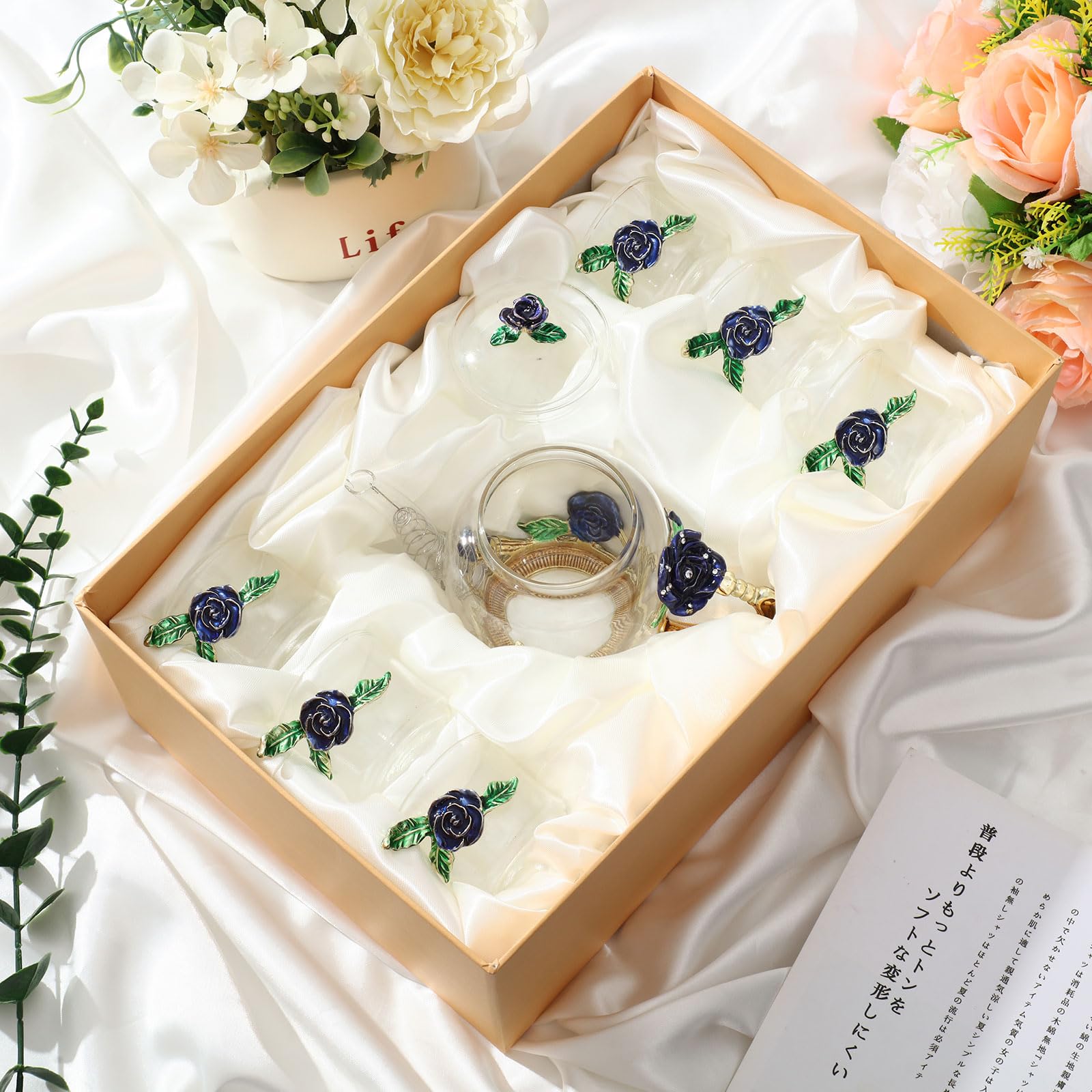 7 Pcs Floral Glass Tea Set for Women 14 oz Butterfly Vintage Teapot Set for Adults Glass Tea Gift for Valentine Spring Party Mother's Day Girlfriend Fancy Pot Cups with Gift Box(Blue)