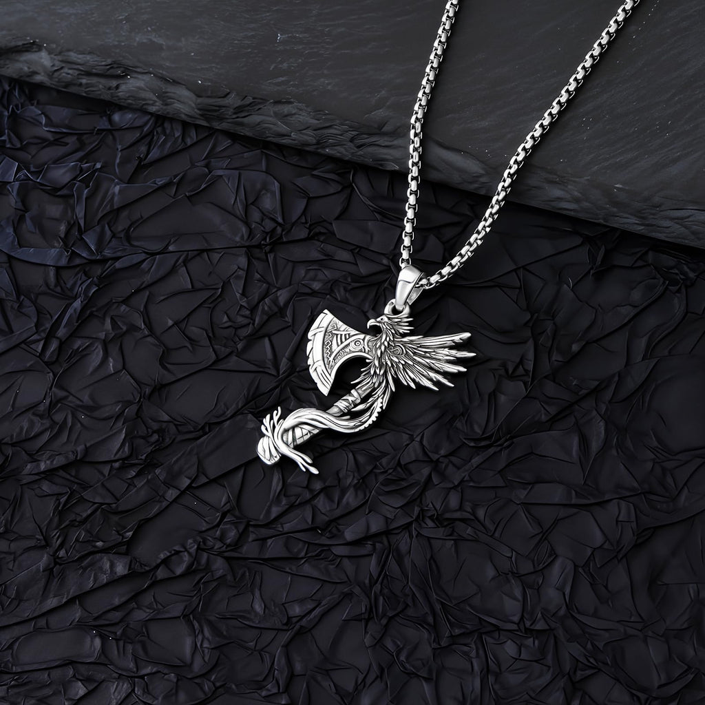 PELOVNY Phoenix Necklace 925 Sterling Silver Shield/Sword/Crystal/Tarot Card/Dog Tag/Cross/Abalone/Axe Pendant Rising Bird Jewelry for Anniversary Birthday Christmas Gifts Men Women